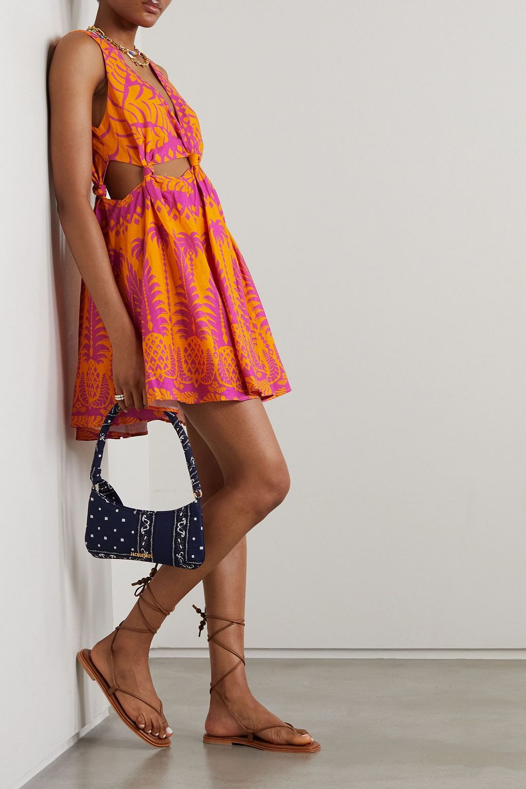 FARM RIO Cutout printed linen-blend mini dress