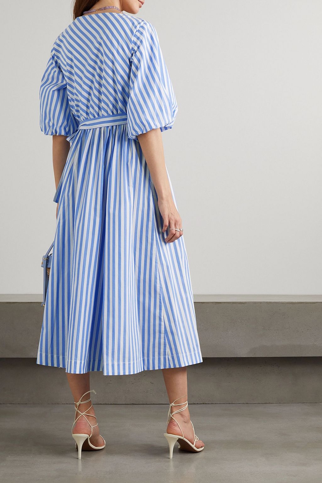 STAUD Jodie striped cotton-poplin midi wrap dress