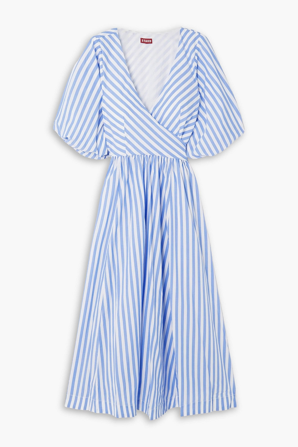 Staud Jodie Striped Cotton-poplin Midi Wrap Dress In Light Blue | ModeSens