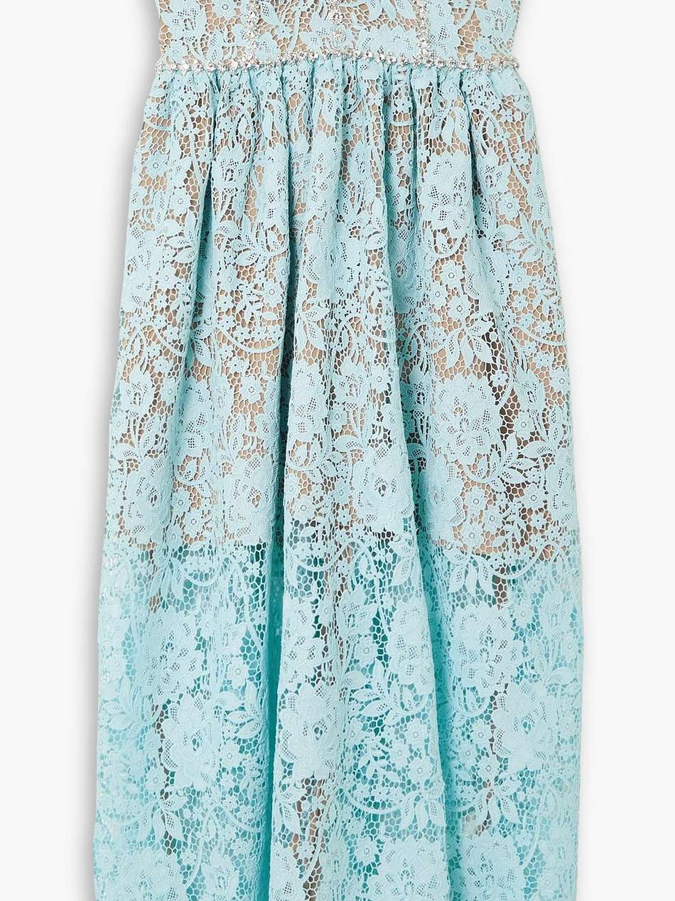 off-the-shoulder crystal-embellished guipure lace midi dress