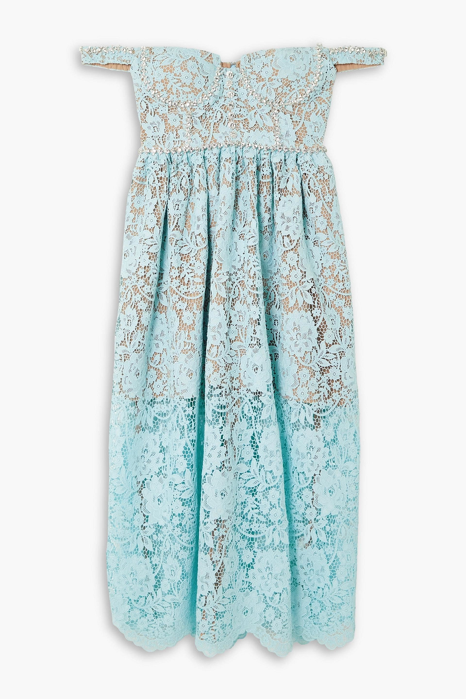 Self-portrait Off-the-shoulder Crystal-embellished Corded Guipure Lace Midi Dress In Sky Blue