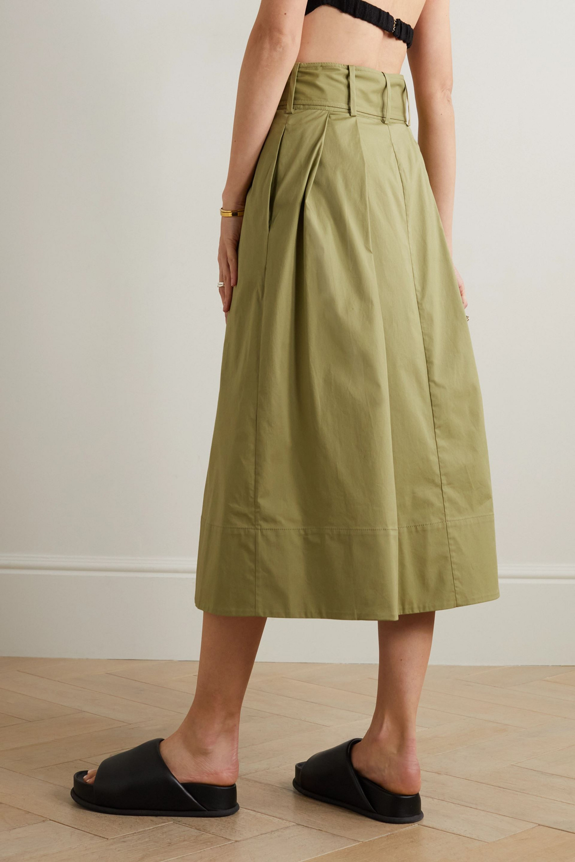 Staud Kingsley belted pleated stretch-cotton midi skirt