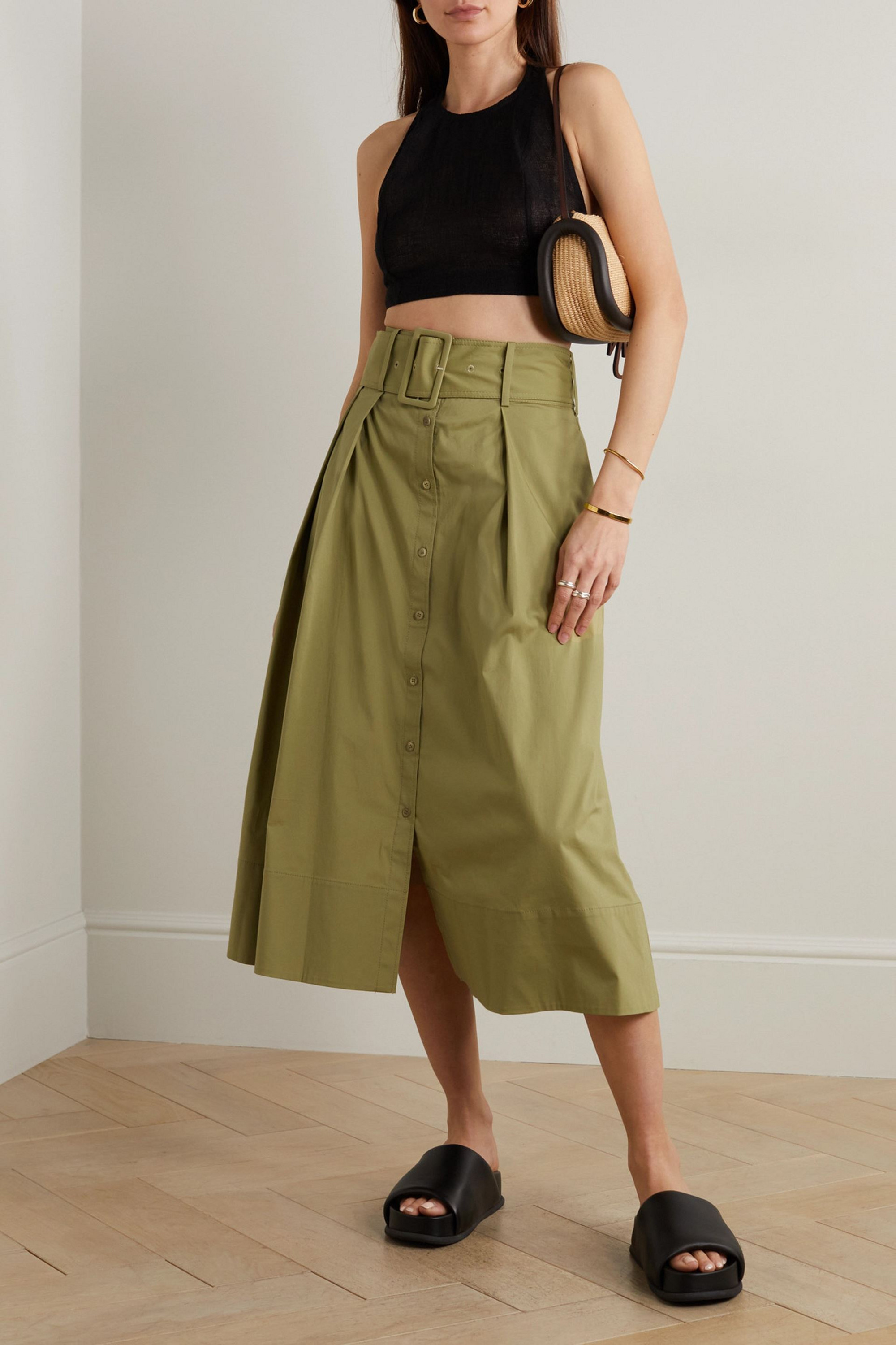 Staud Kingsley belted pleated stretch-cotton midi skirt