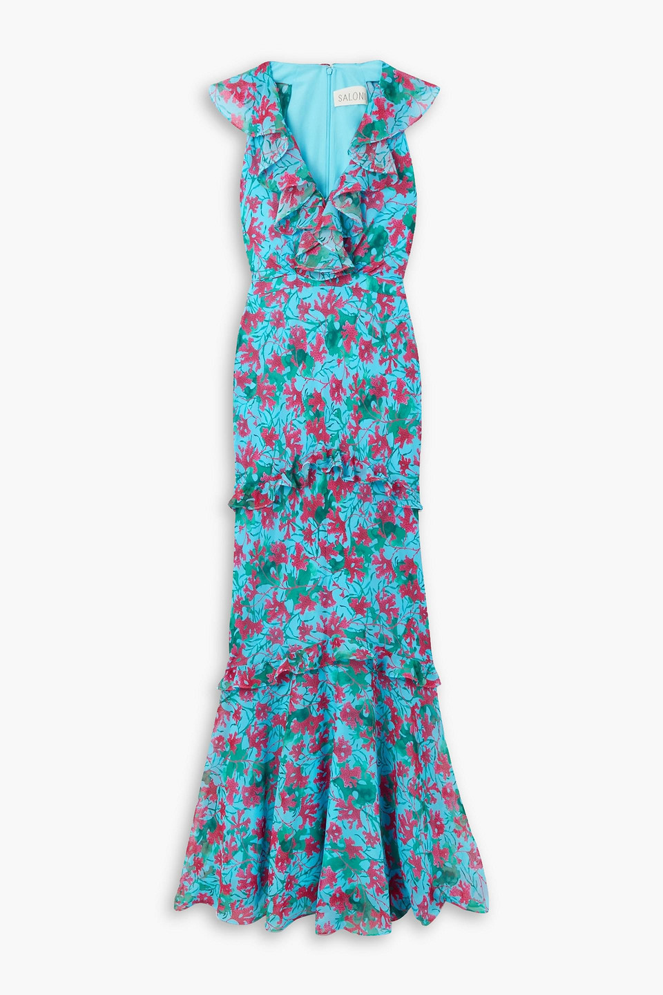 Saloni Rita Ruffled Floral-print Silk-voile Maxi Dress In Azure