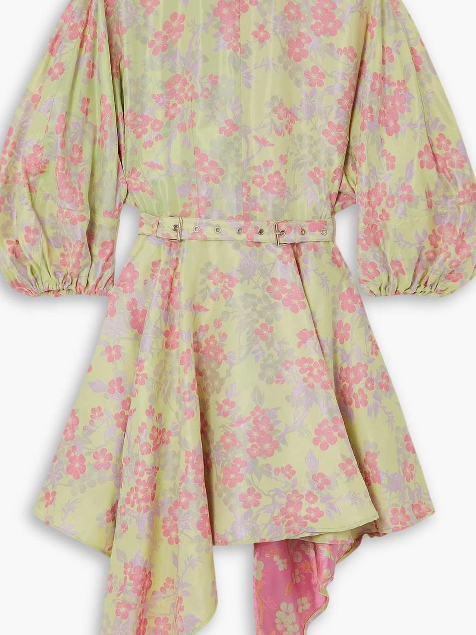 asymmetric belted draped brocade mini dress