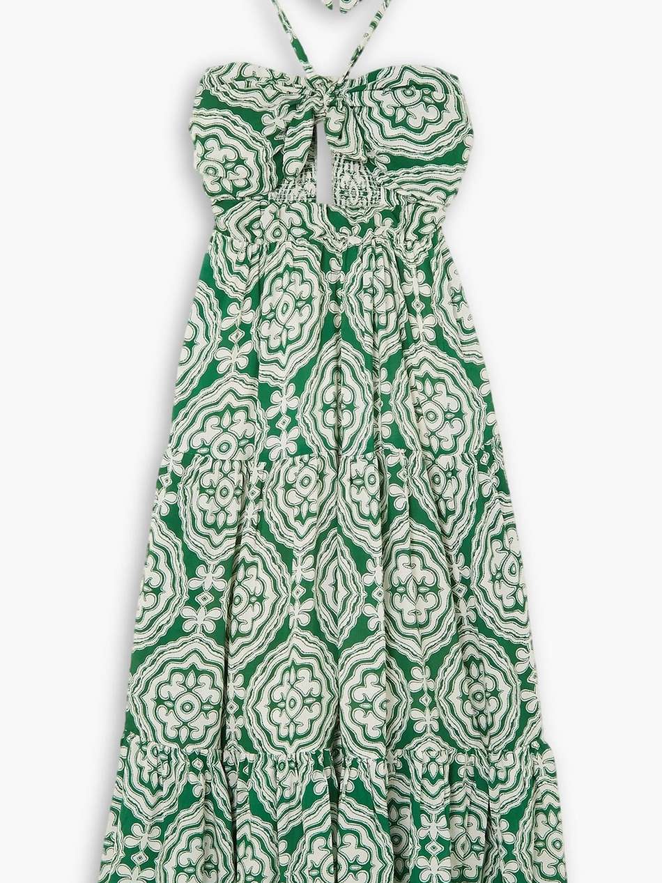medallion cutout tiered printed ecovero halterneck midi dress