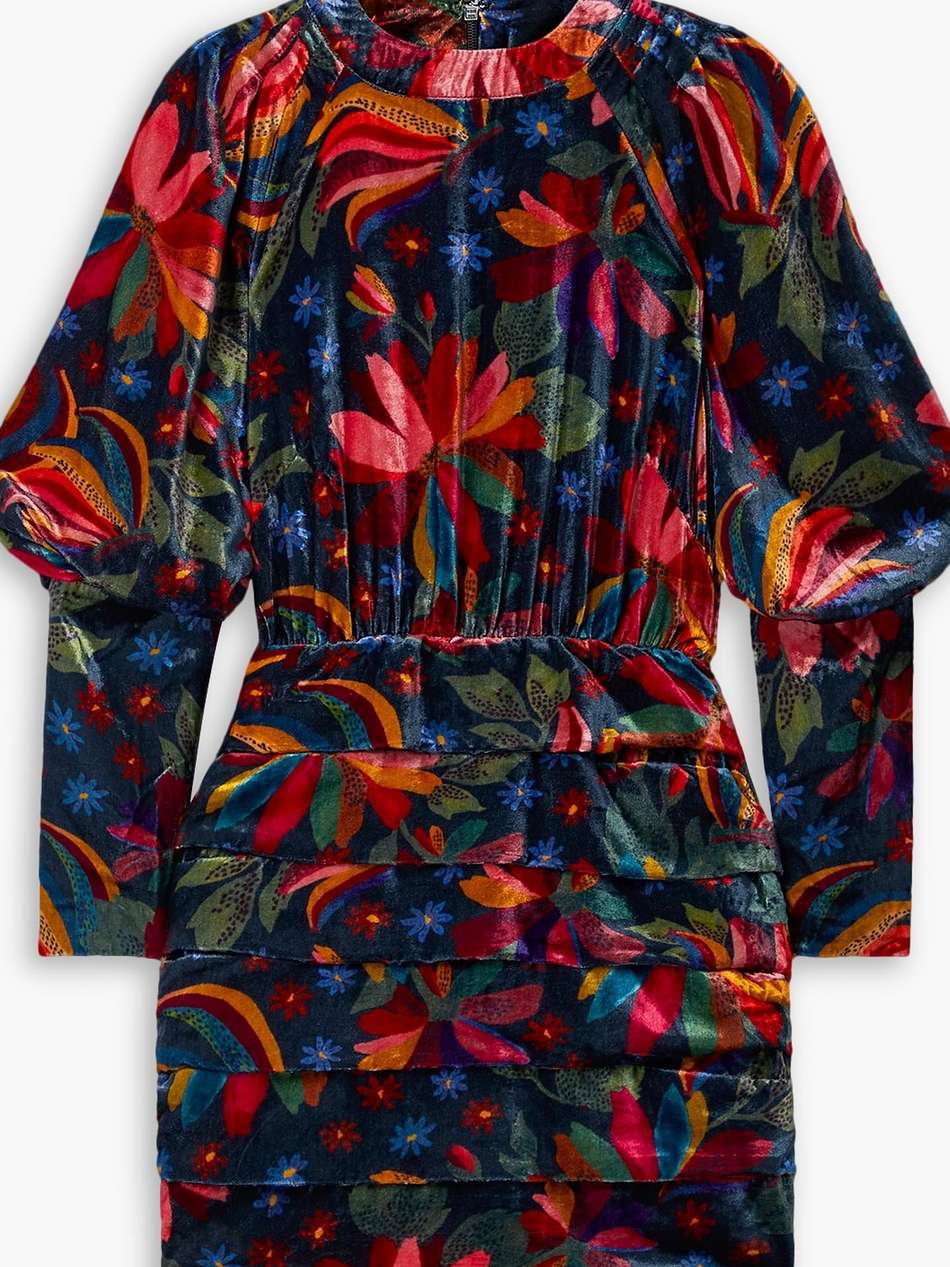 ruched floral-print velvet mini dress