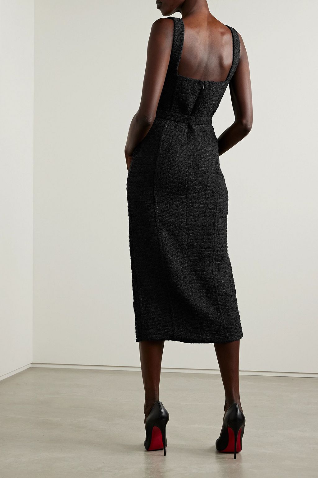 SELF-PORTRAIT Belted embellished bouclé-tweed midi dress