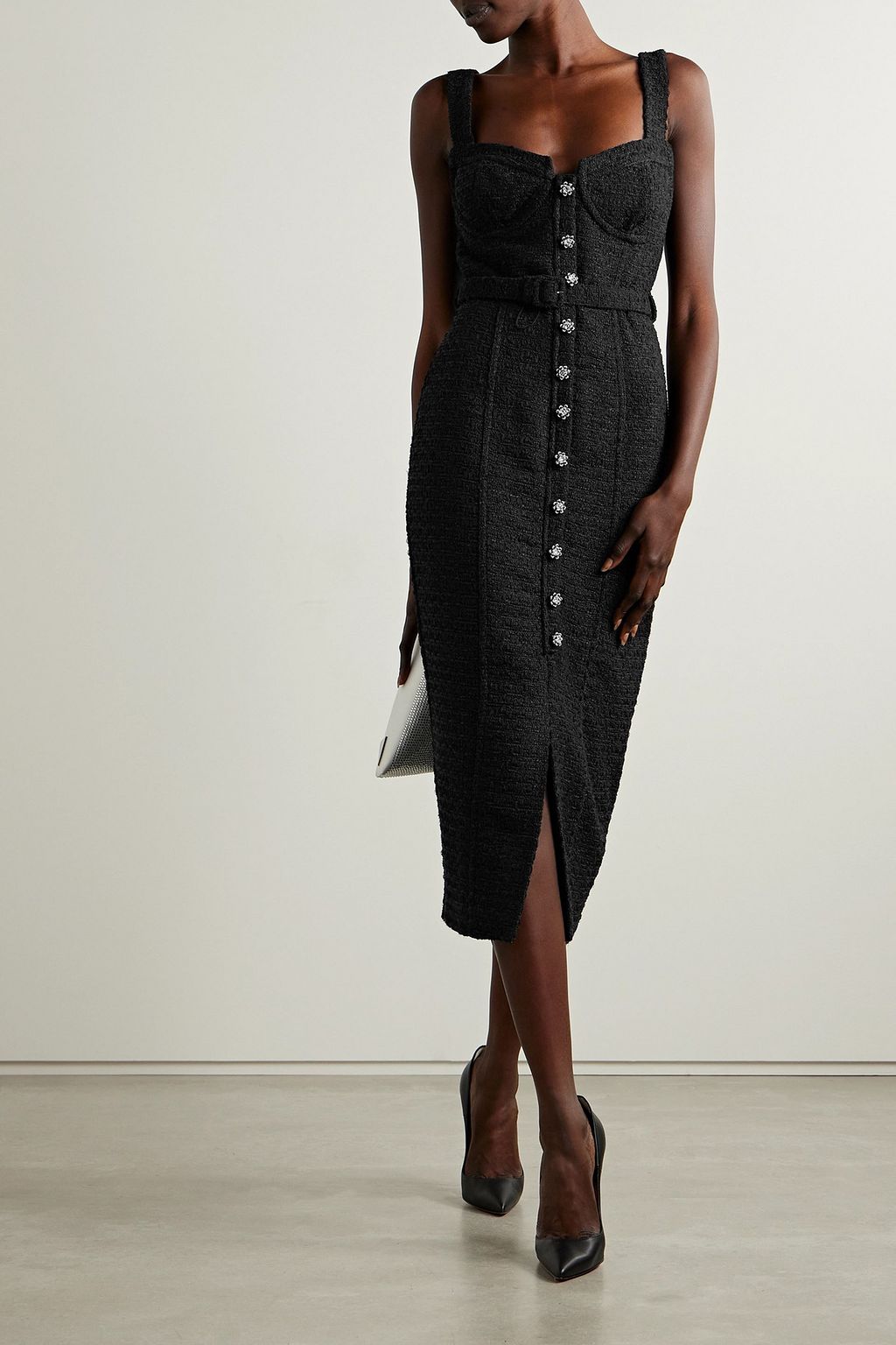 SELF-PORTRAIT Belted embellished bouclé-tweed midi dress