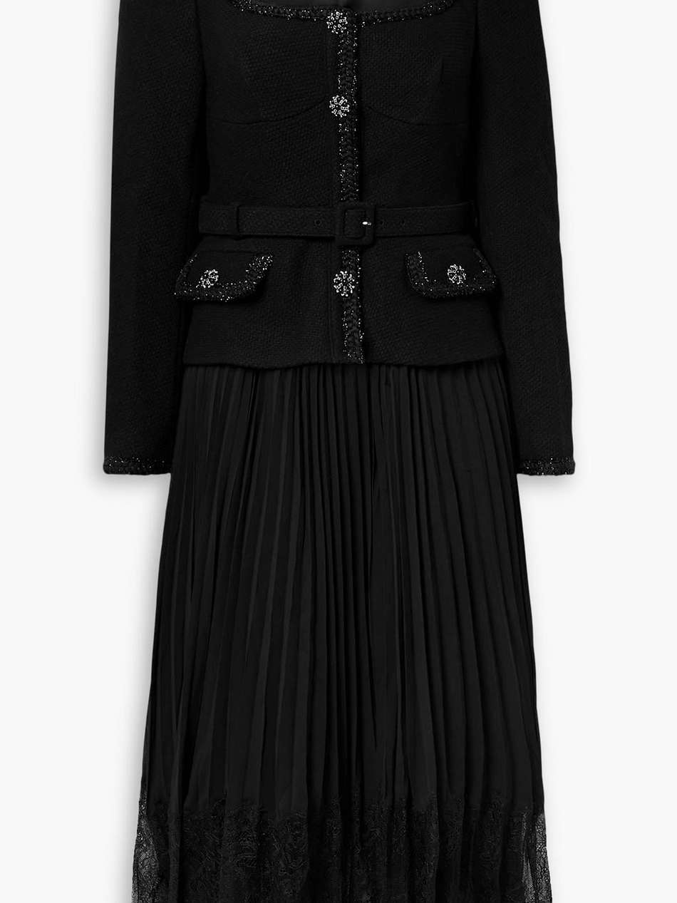 embellished lace-trimmed georgette and woven midi dress