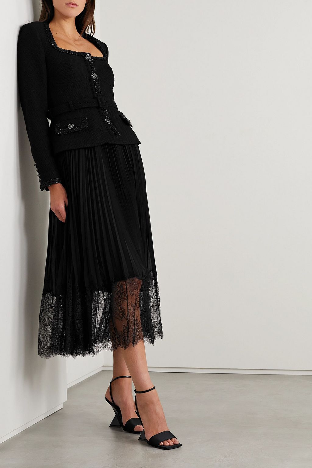 SELF-PORTRAIT Embellished lace-trimmed georgette and woven midi dress