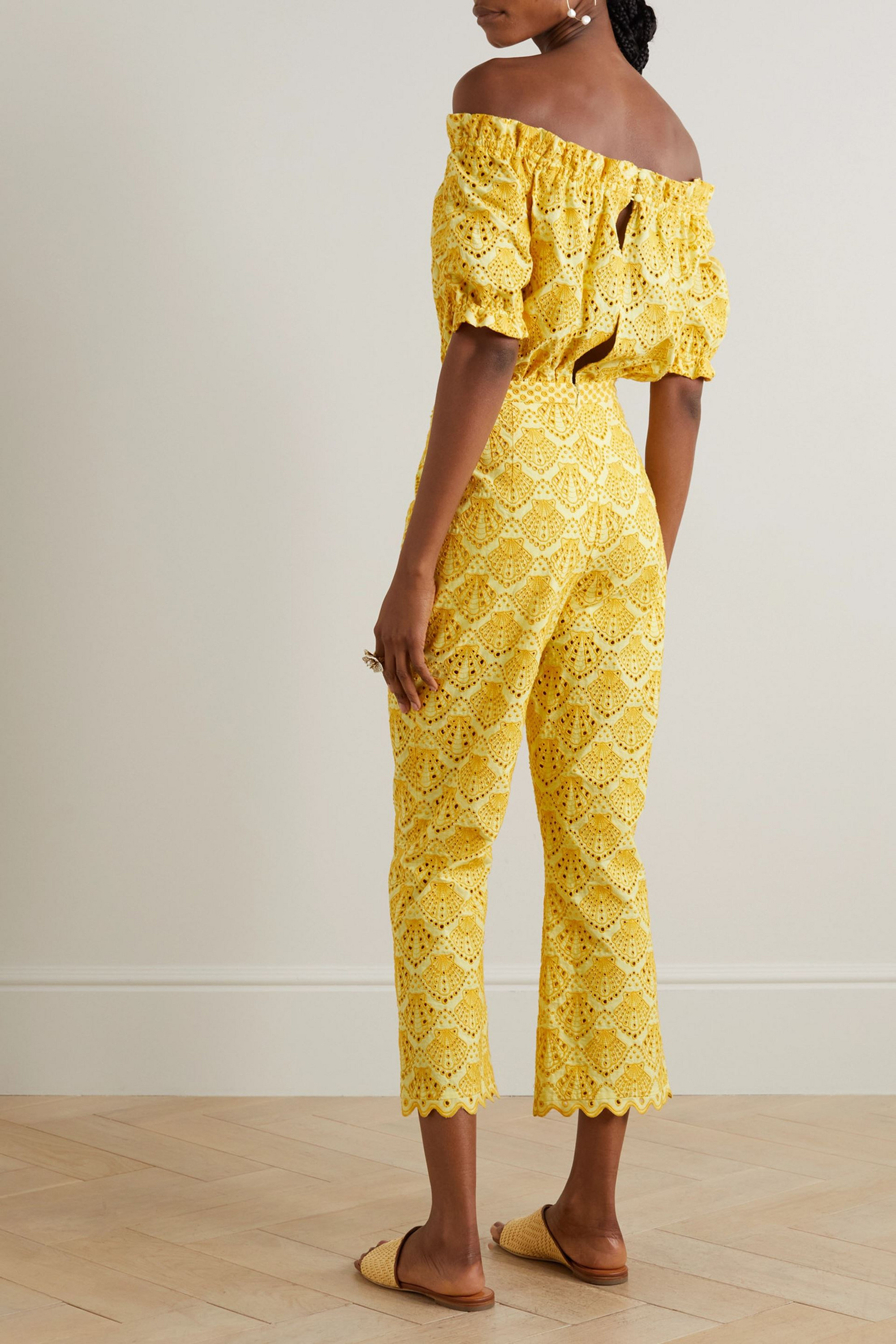 Saloni Juli shirred off-the-shoulder broderie anglaise cotton jumpsuit thumbnail