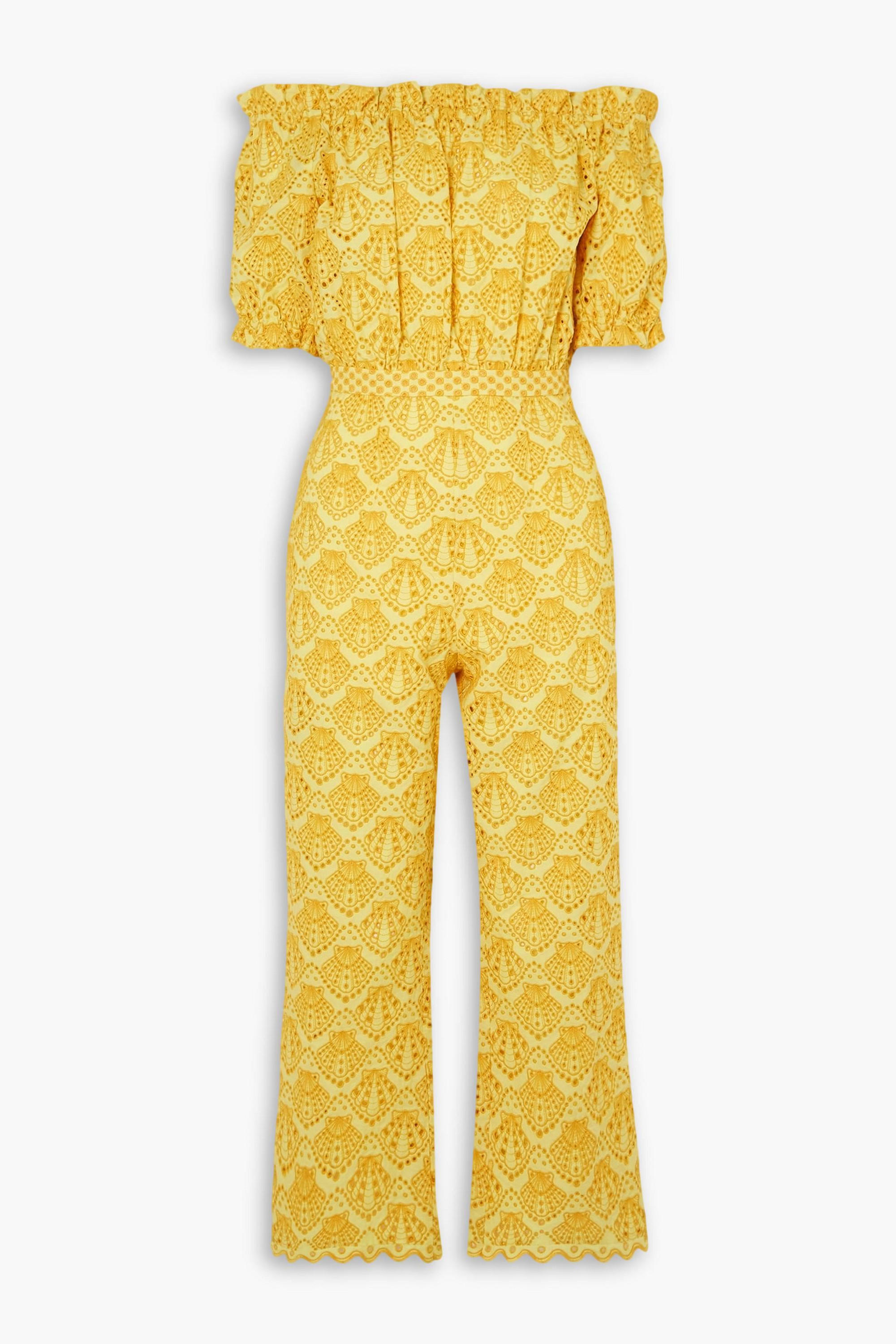Saloni Juli shirred off-the-shoulder broderie anglaise cotton jumpsuit thumbnail