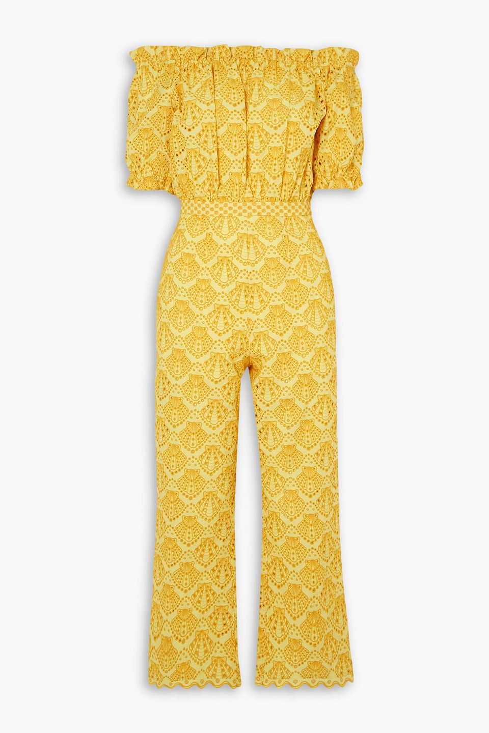 Saloni Juli Shirred Off-the-shoulder Broderie Anglaise Cotton Jumpsuit In Yellow