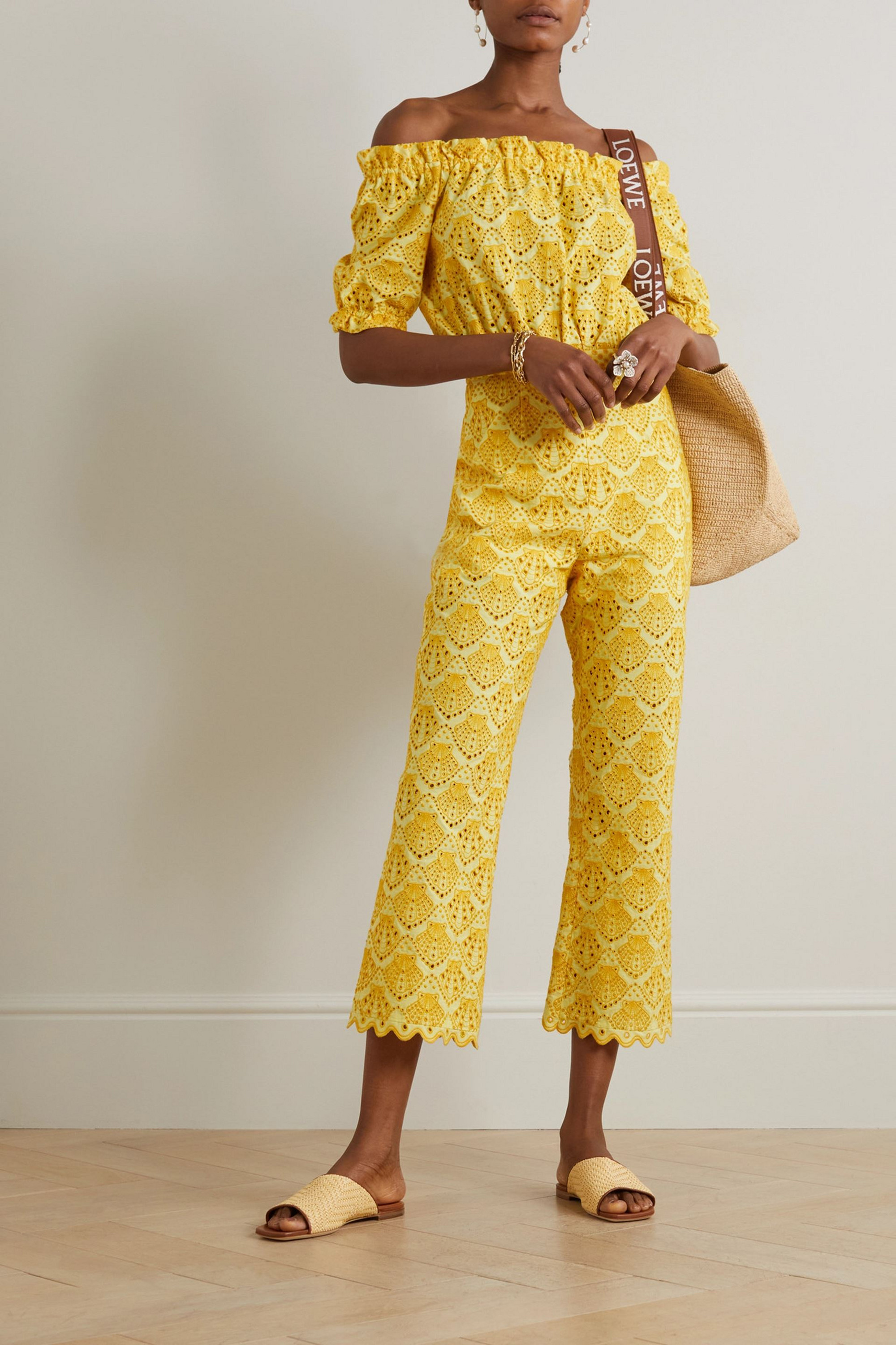Saloni Juli shirred off-the-shoulder broderie anglaise cotton jumpsuit