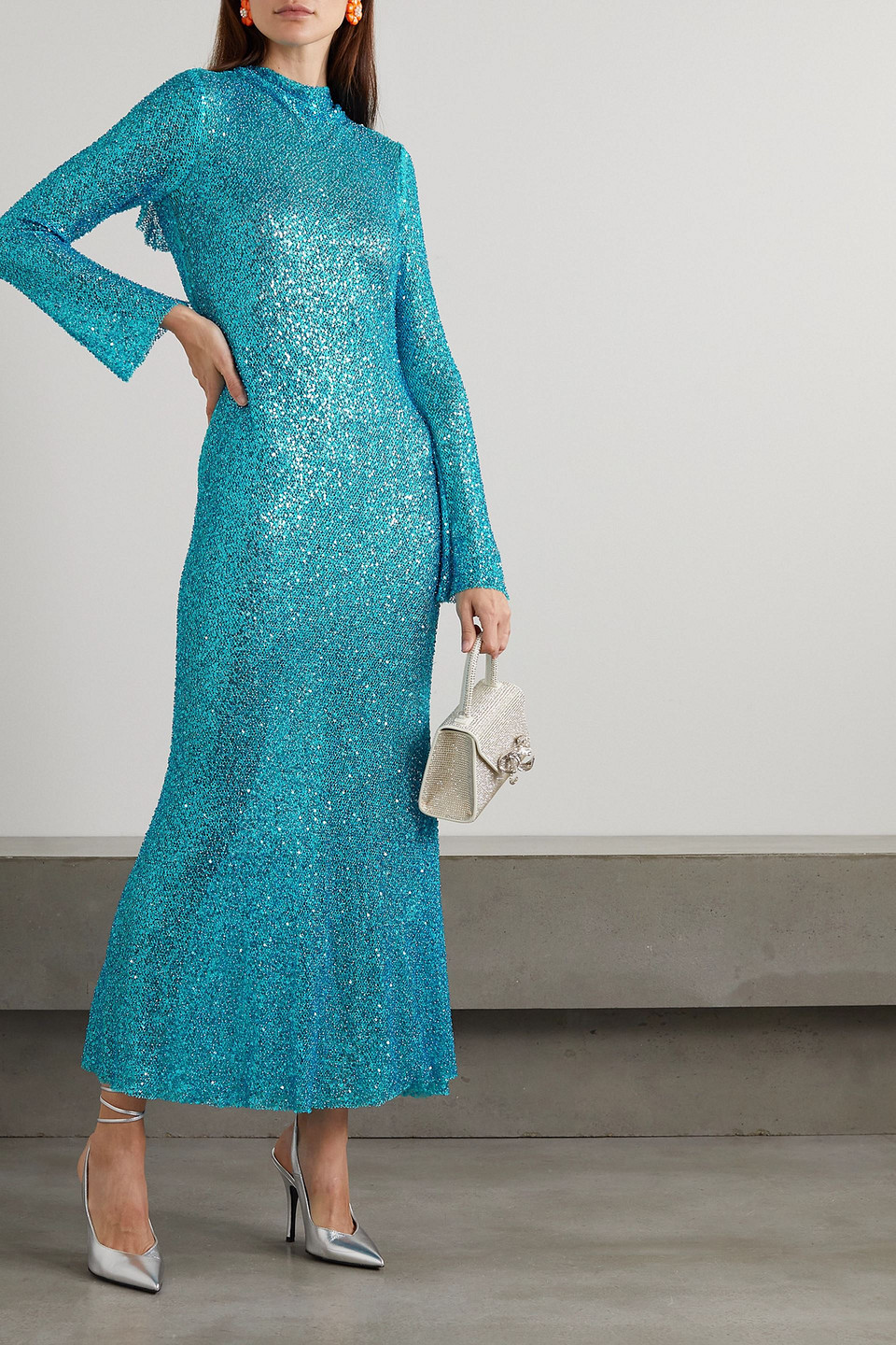 SELF-PORTRAIT OPEN-BACK EMBELLISHED METALLIC OPEN-KNIT MAXI DRESS