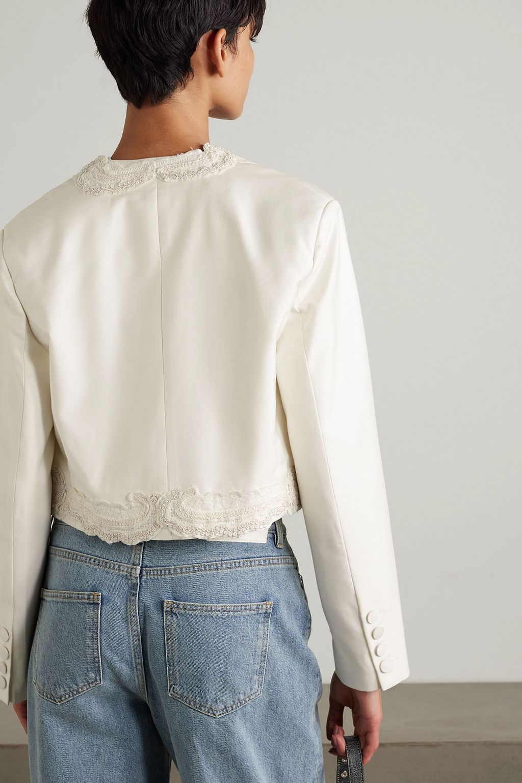 SEA Aerin cropped guipure lace-trimmed twill blazer
