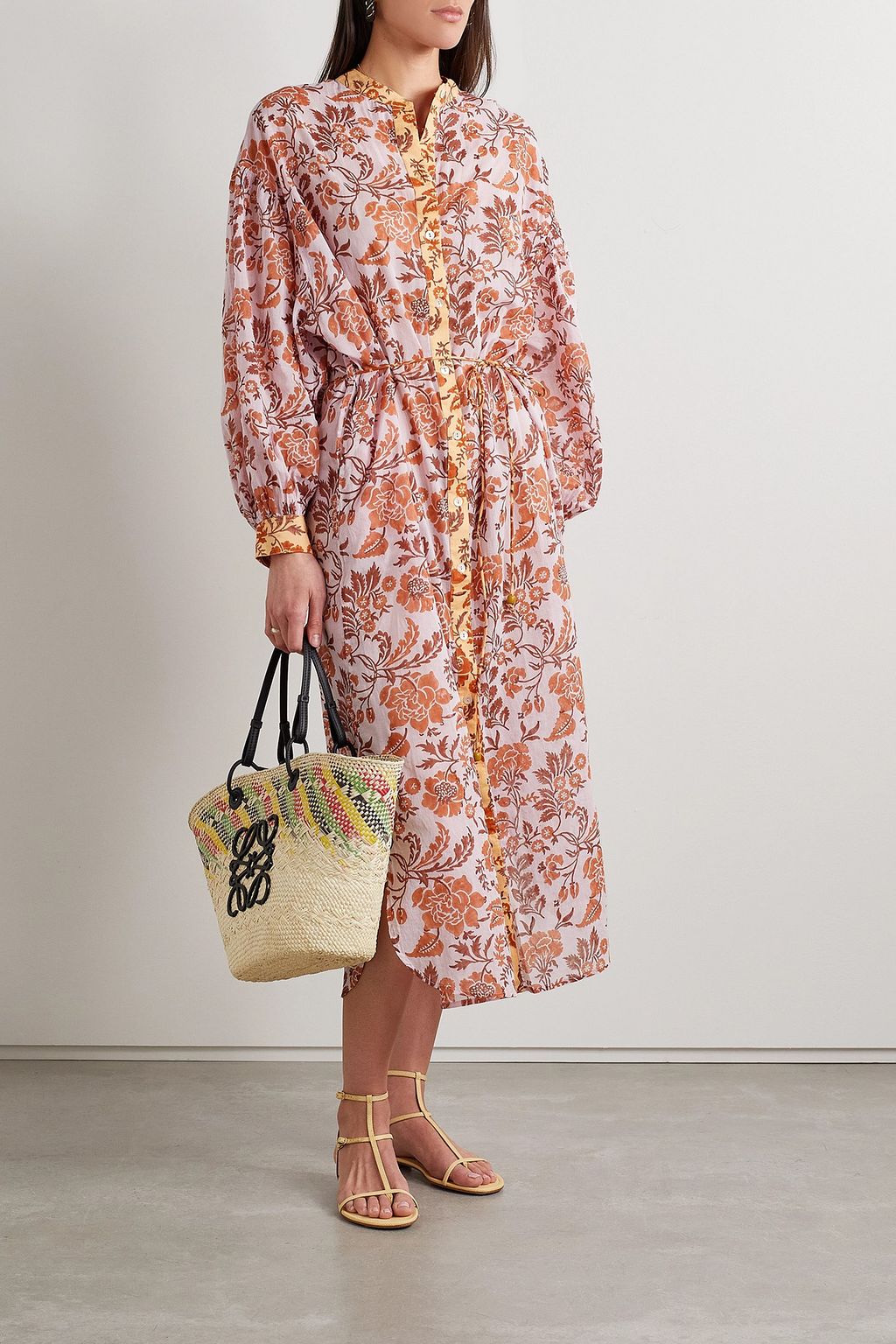 HANNAH Luciana belted floral-print cotton-voile midi dress