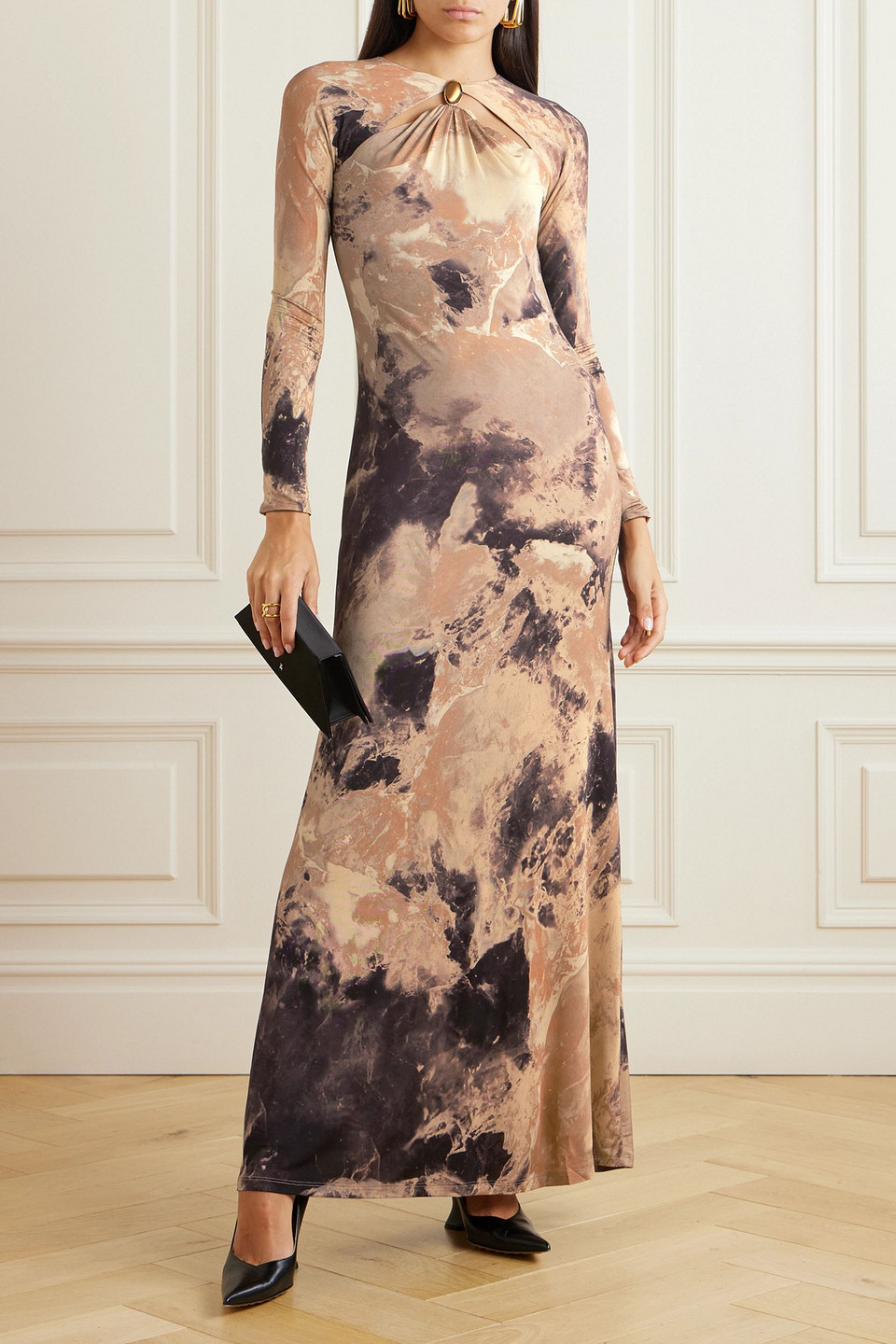SIMKHAI ETTA CUTOUT EMBELLISHED PRINTED STRETCH-JERSEY GOWN
