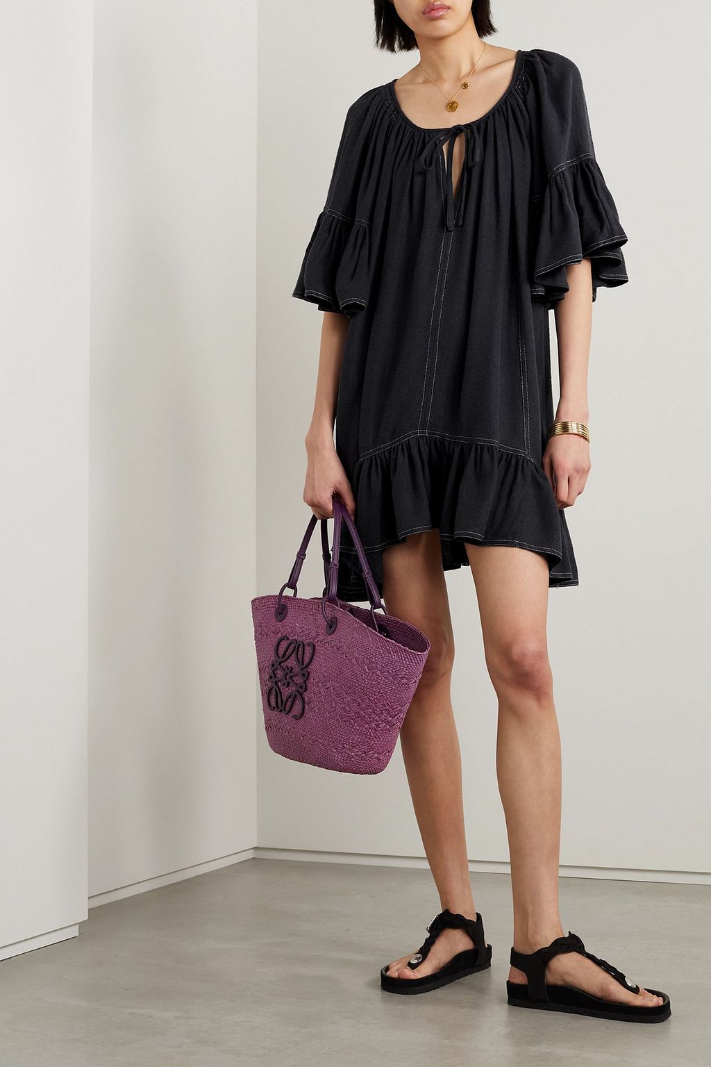 MARANT ÉTOILE 론 비대칭 러플 실크 부렛 미니 드레스