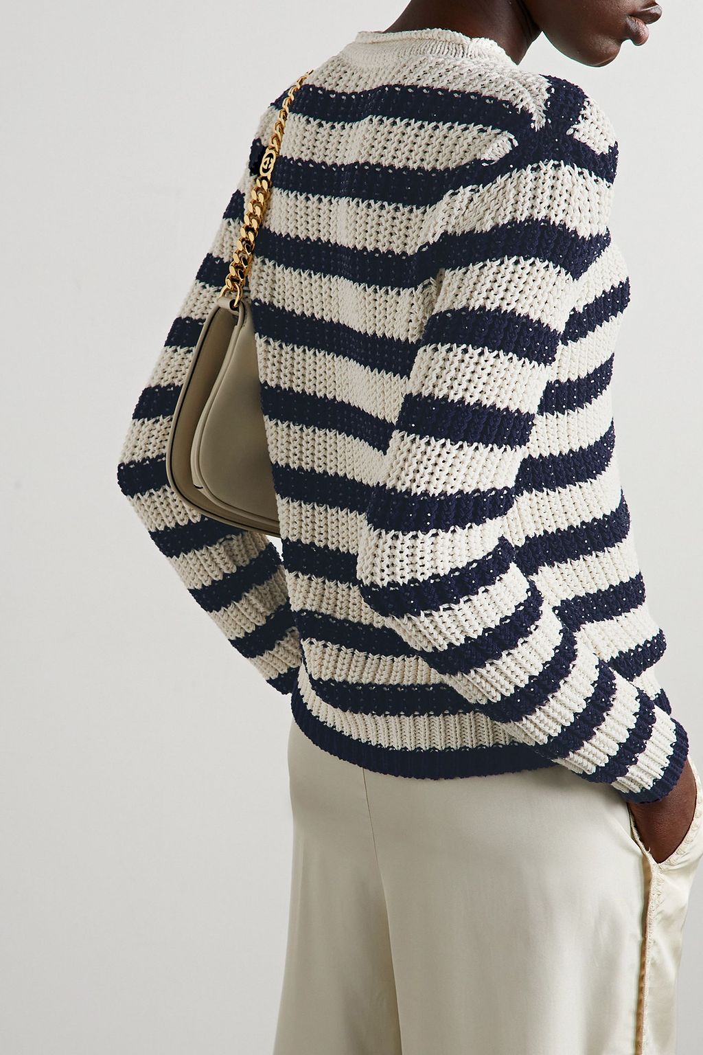 RALPH LAUREN COLLECTION كنزة من مزيج من القطن مُخطّطة ومزينة بالخرز