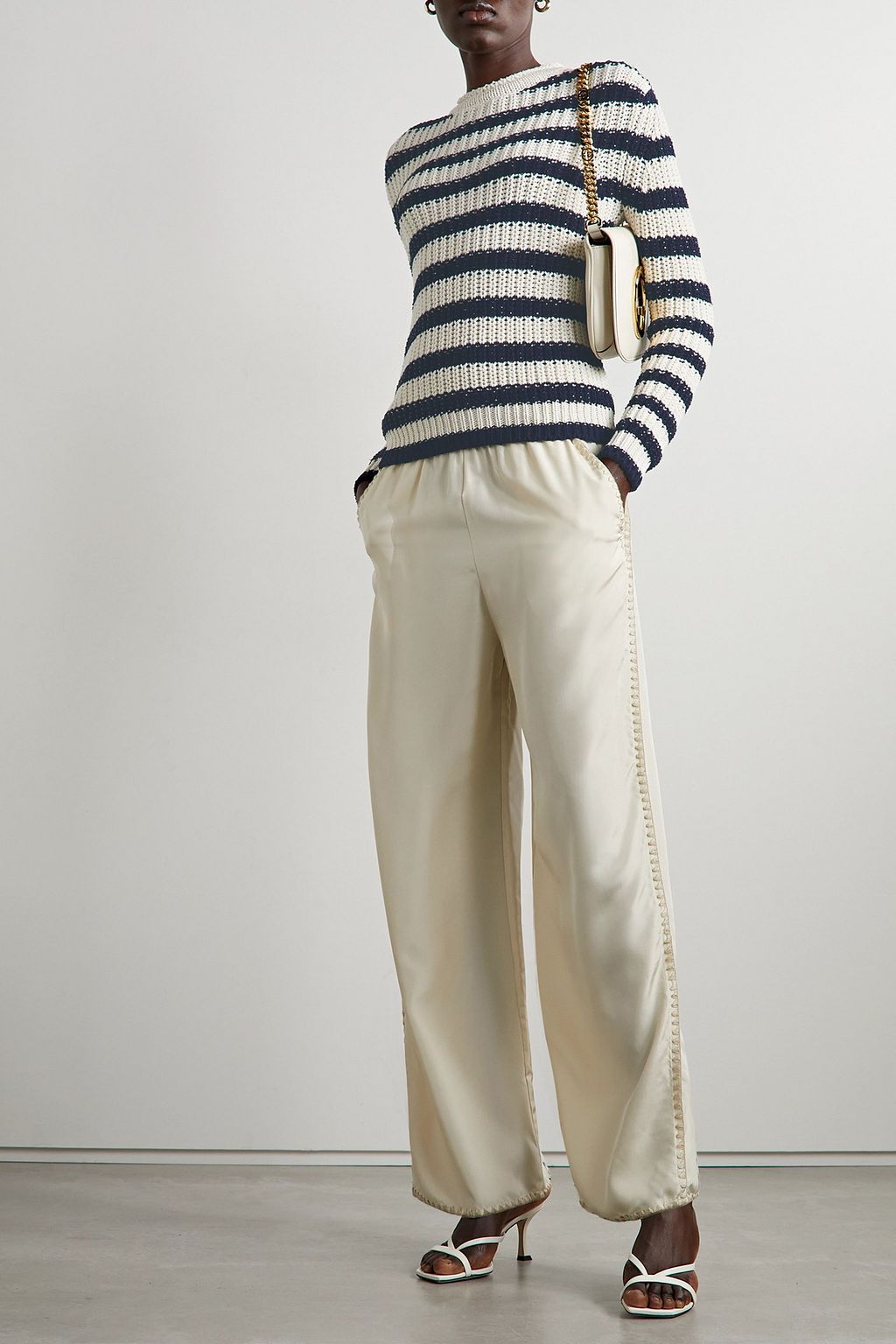 RALPH LAUREN COLLECTION كنزة من مزيج من القطن مُخطّطة ومزينة بالخرز