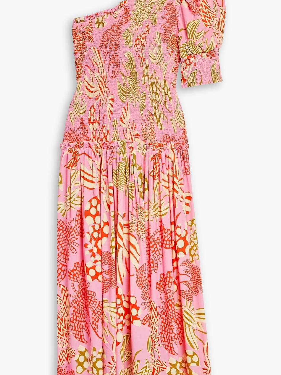one-sleeve shirred printed woven midi dress