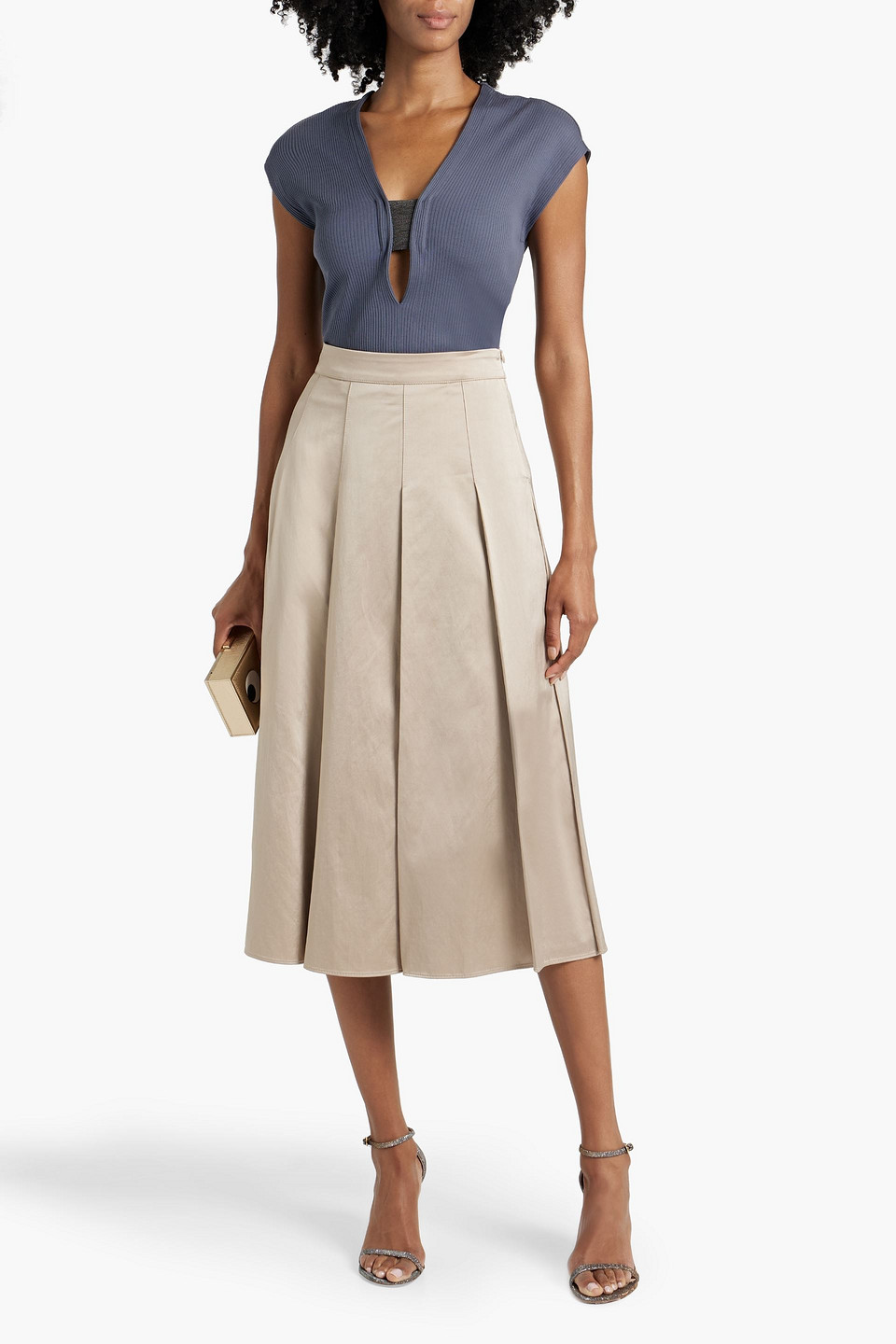 Brunello Cucinelli Cutout Bead-embellished Ribbed Cotton-jersey Top In Slate Blue