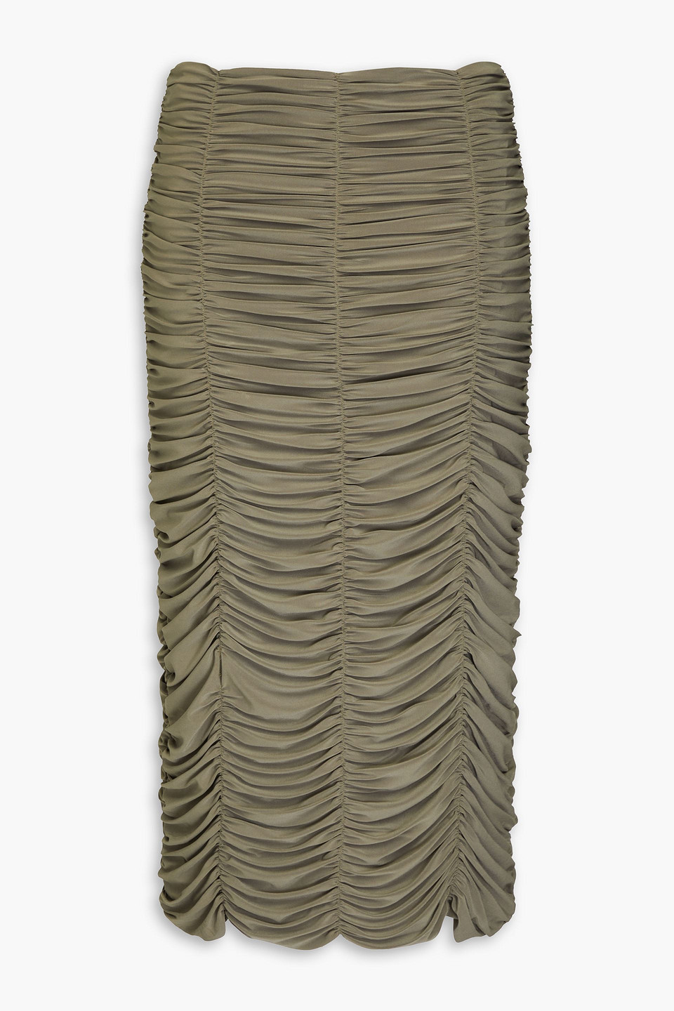 Tibi Ruched Jersey Midi Skirt In Army Green
