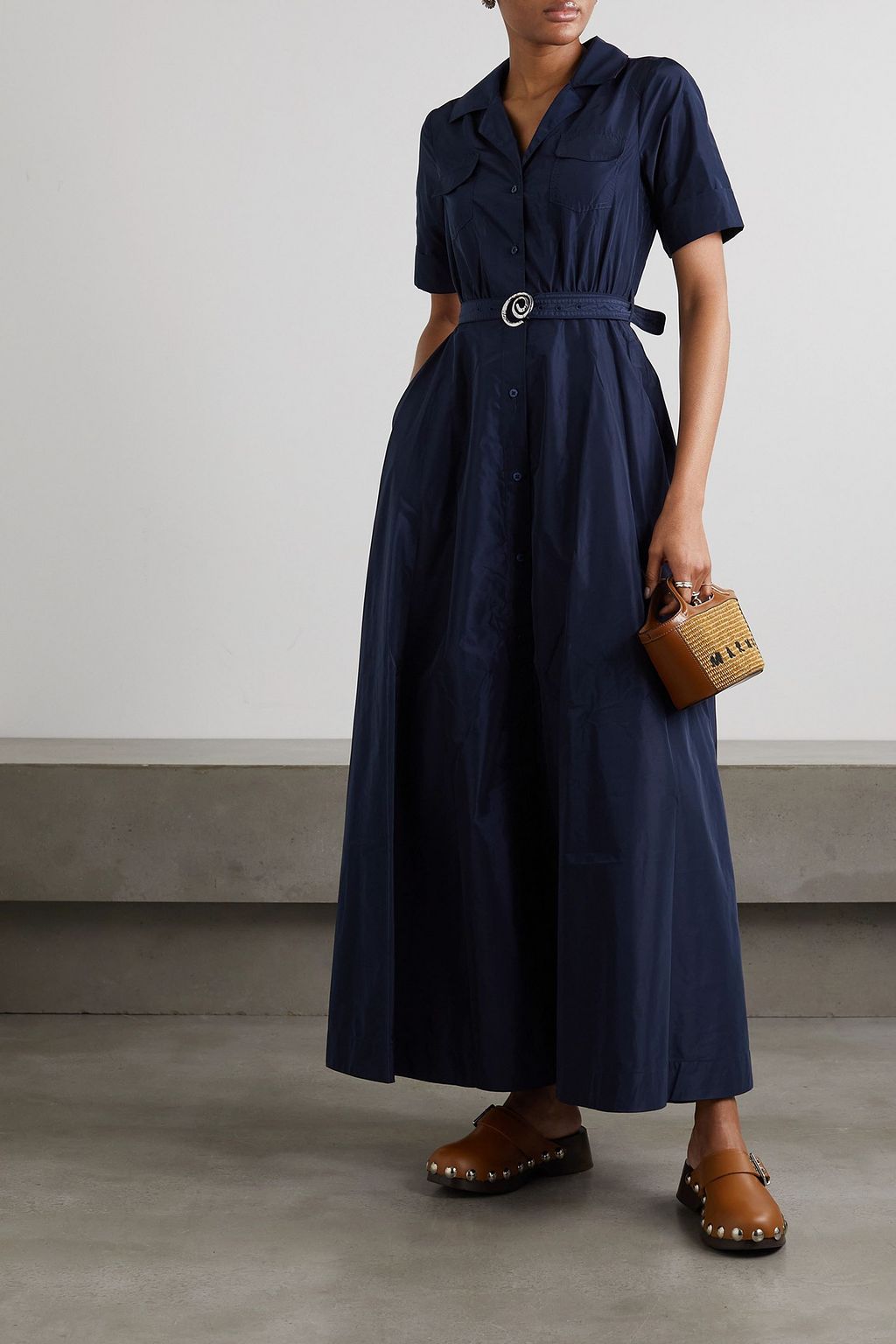 STAUD Millie embellished belted taffeta maxi shirt dress