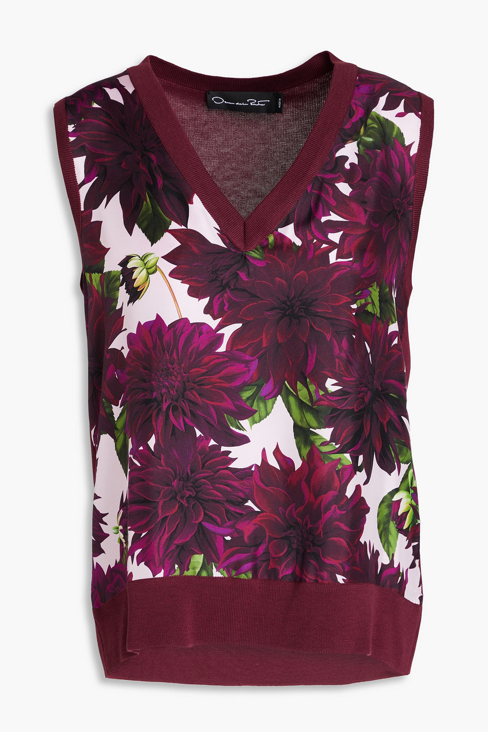 Oscar De La Renta Floral-print Silk-blend Twill Top In Burgundy