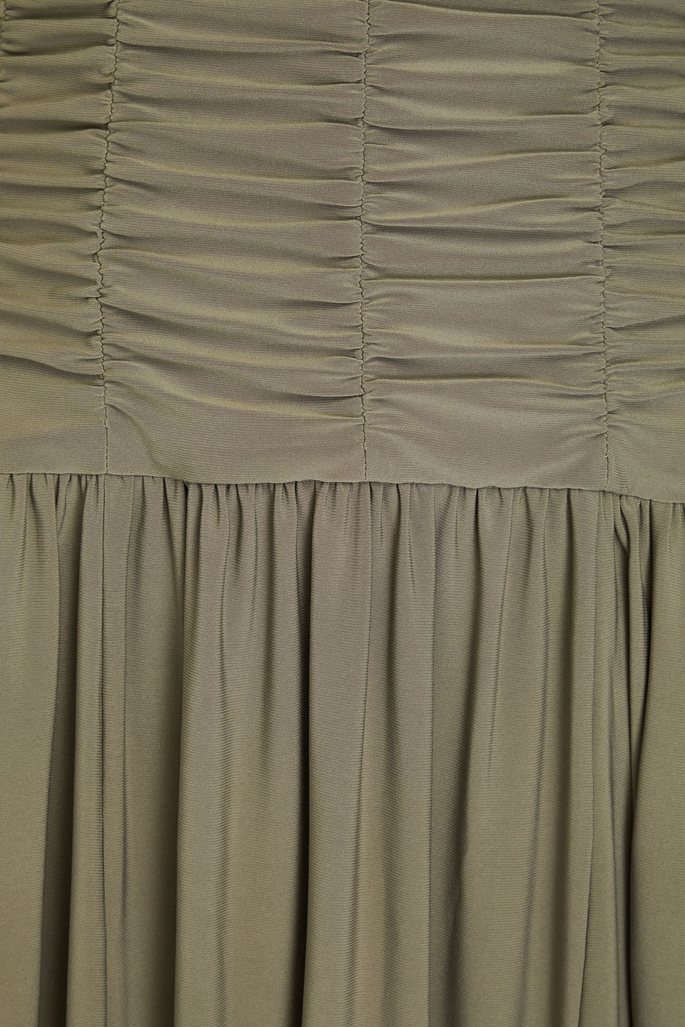 TIBI STRAPLESS RUCHED JERSEY MIDI DRESS