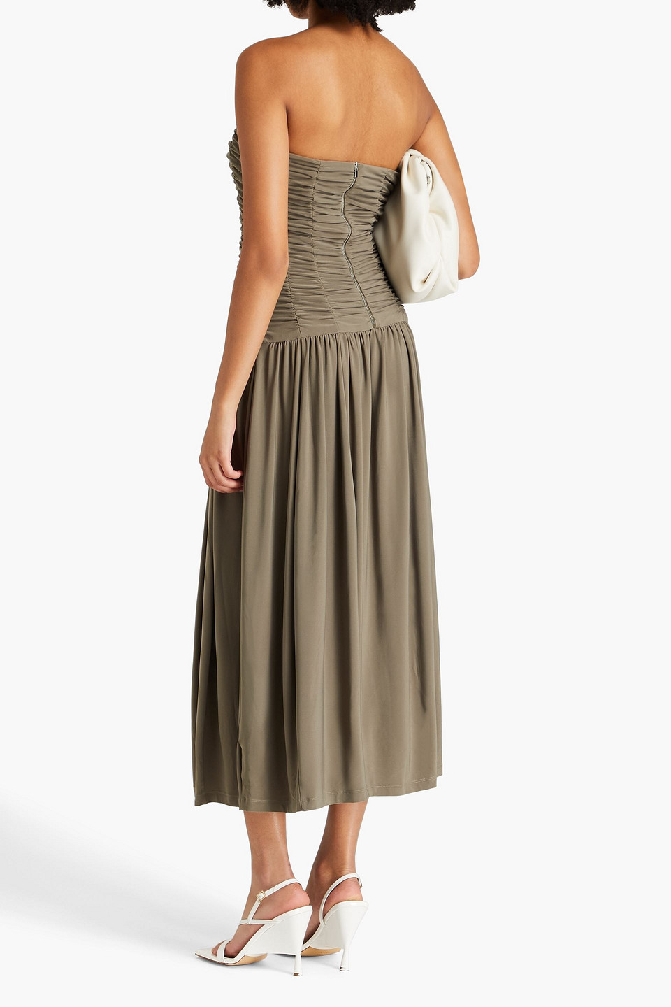 TIBI STRAPLESS RUCHED JERSEY MIDI DRESS