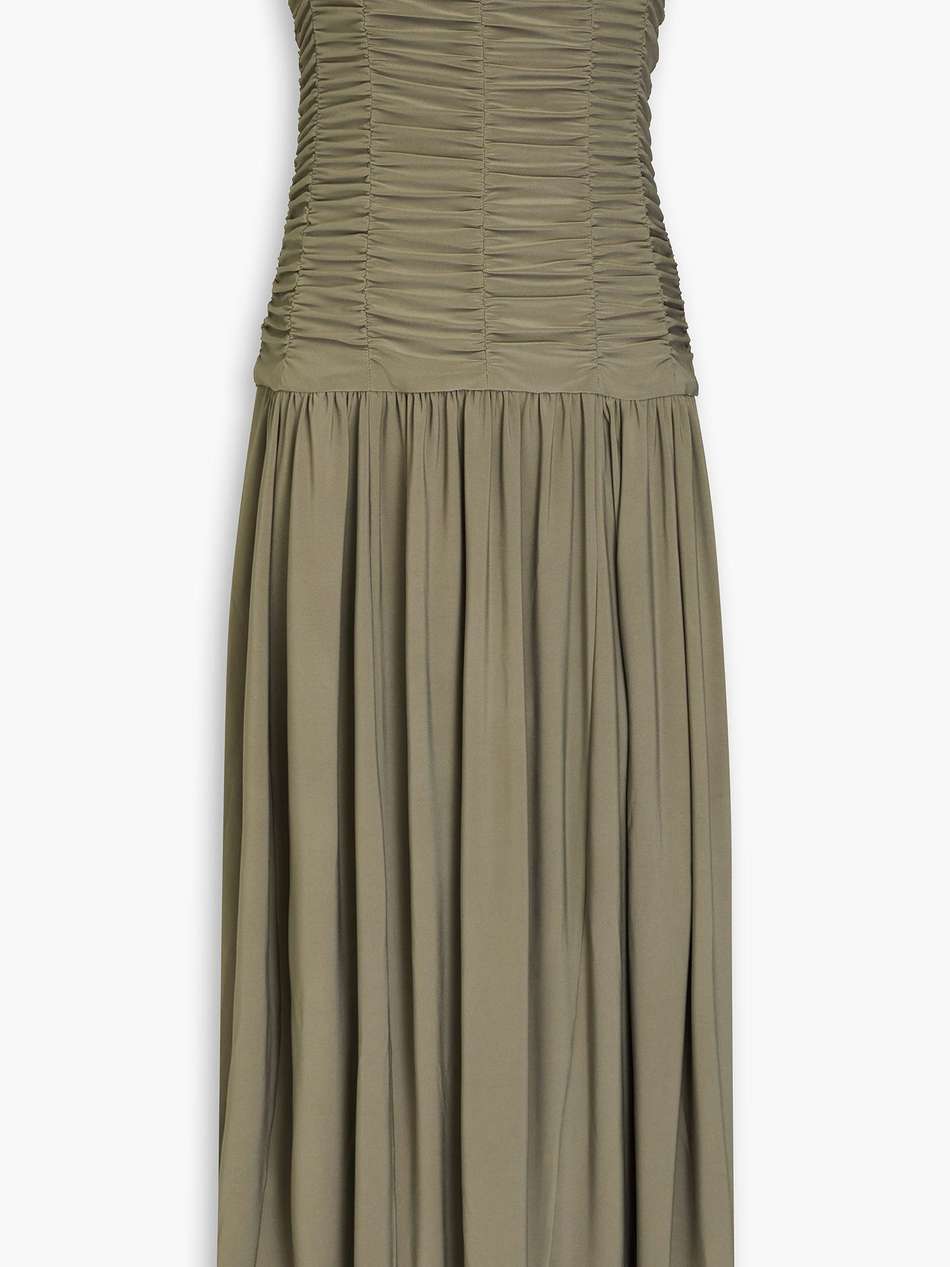 strapless ruched jersey midi dress