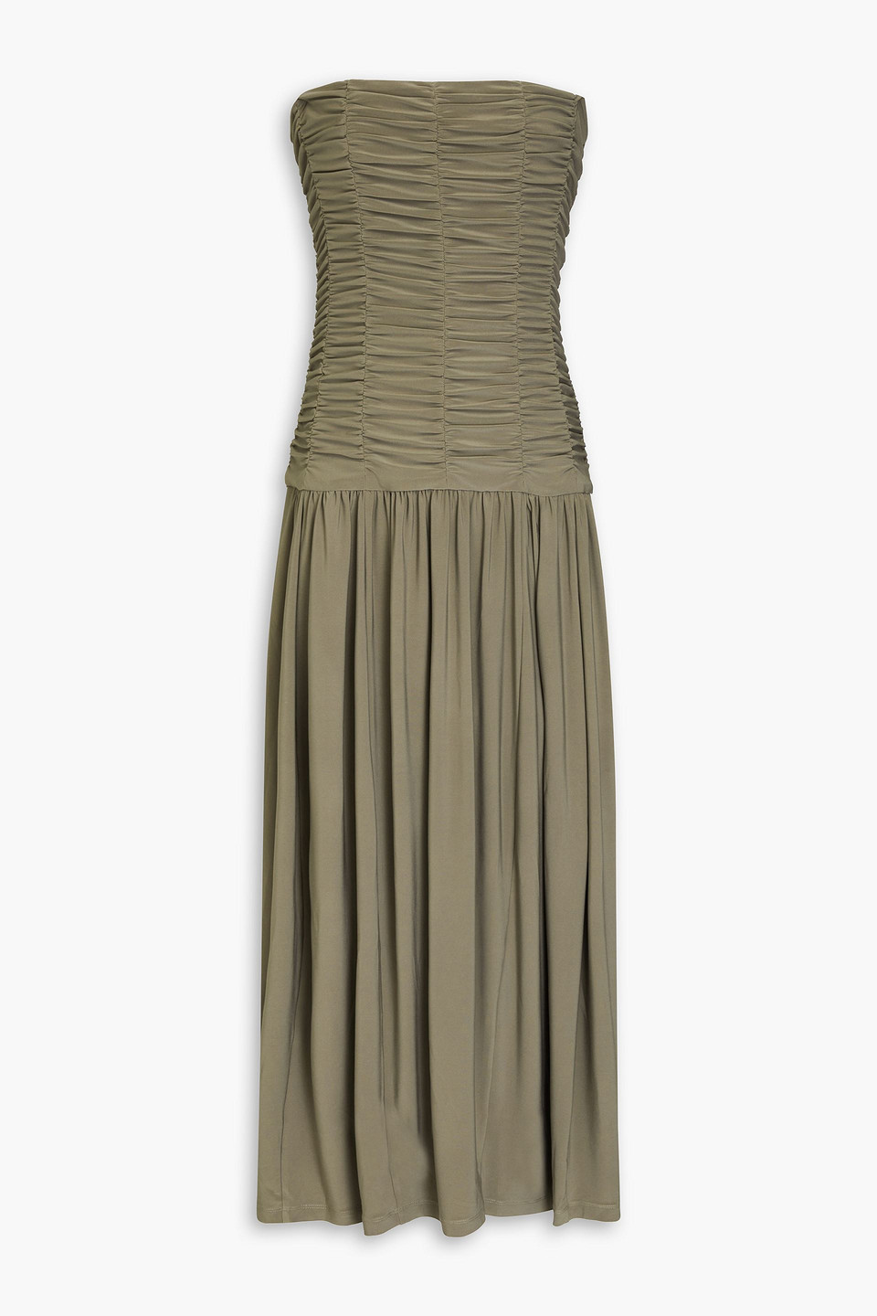Tibi Strapless Ruched Jersey Midi Dress In Army Green