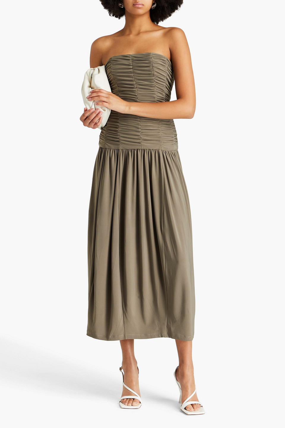 TIBI STRAPLESS RUCHED JERSEY MIDI DRESS