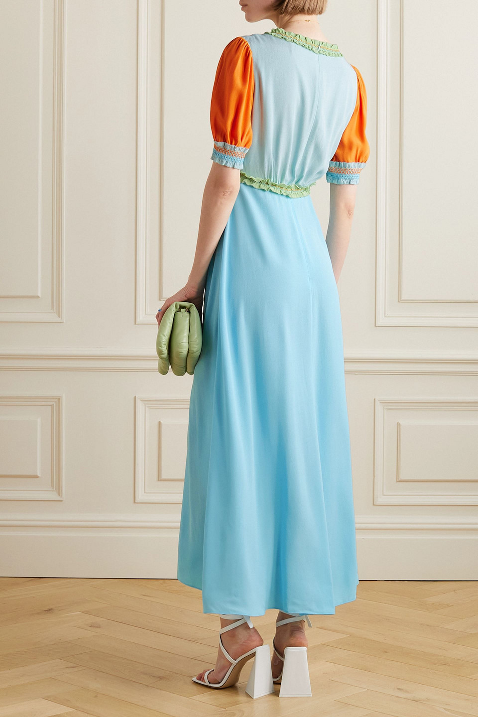 Saloni Lea Smocked Color-block Crepe Midi Dress In Turquoise