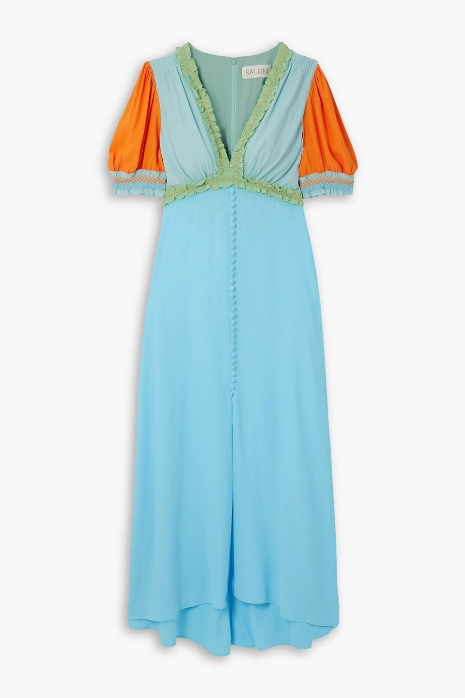 Saloni Lea Smocked Colour-block Crepe Midi Dress In Turquoise