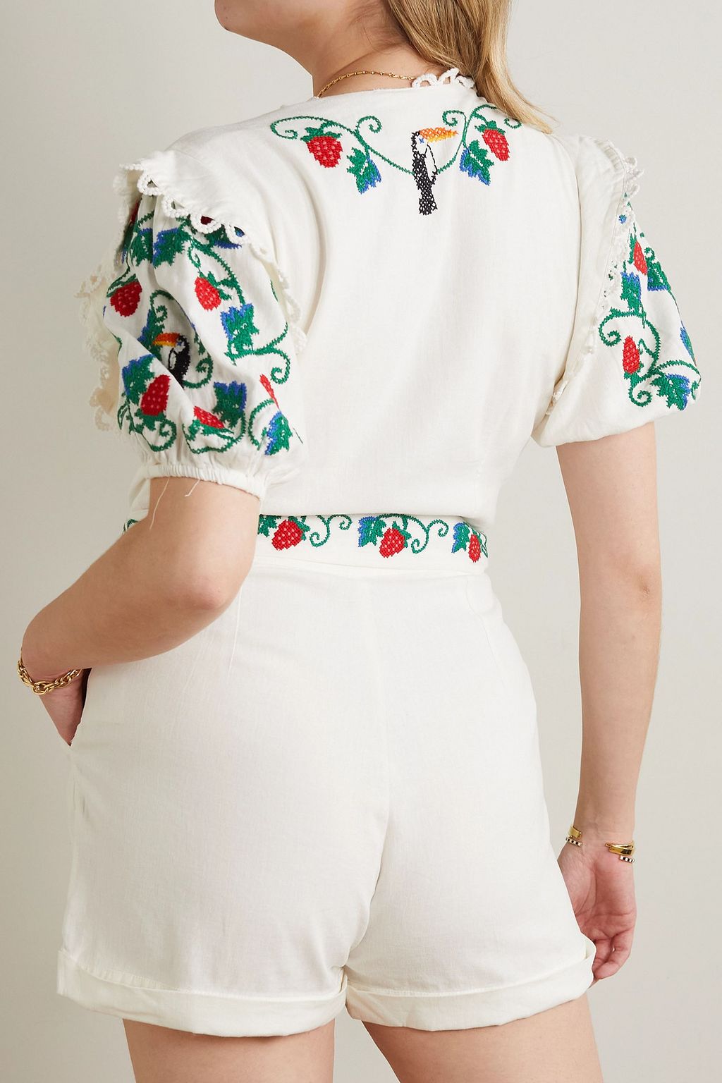 FARM RIO Belted scalloped embroidered linen-blend playsuit