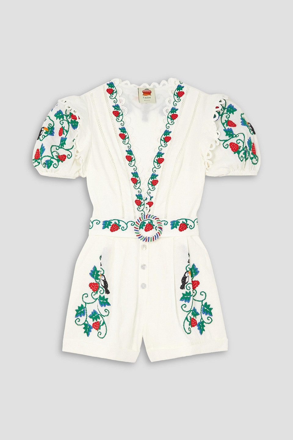 Farm Rio Belted Scalloped Embroidered Linen-blend Playsuit In Ivory