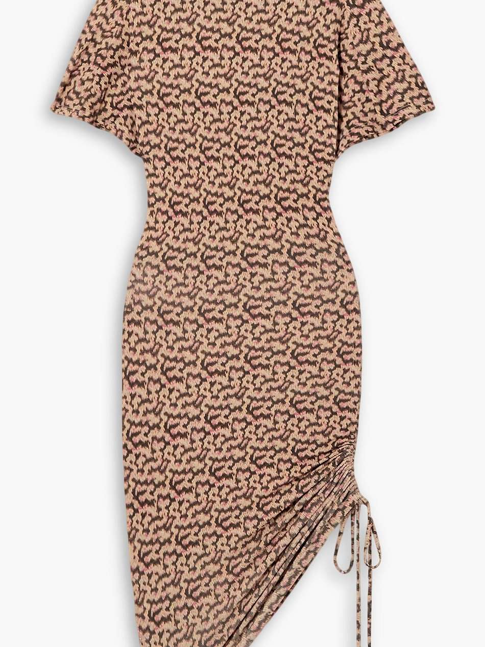 lya asymmetric ruched printed stretch-crepe mini dress