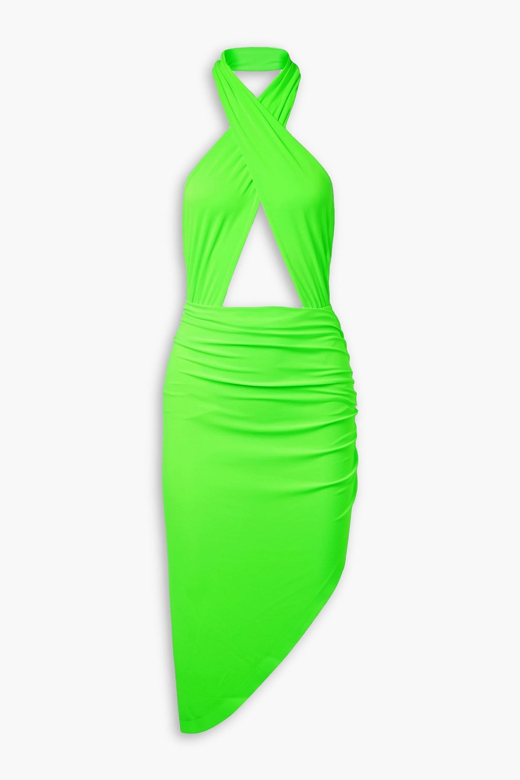 Asymmetric cutout neon stretch jersey halterneck midi dress bright green FR 32