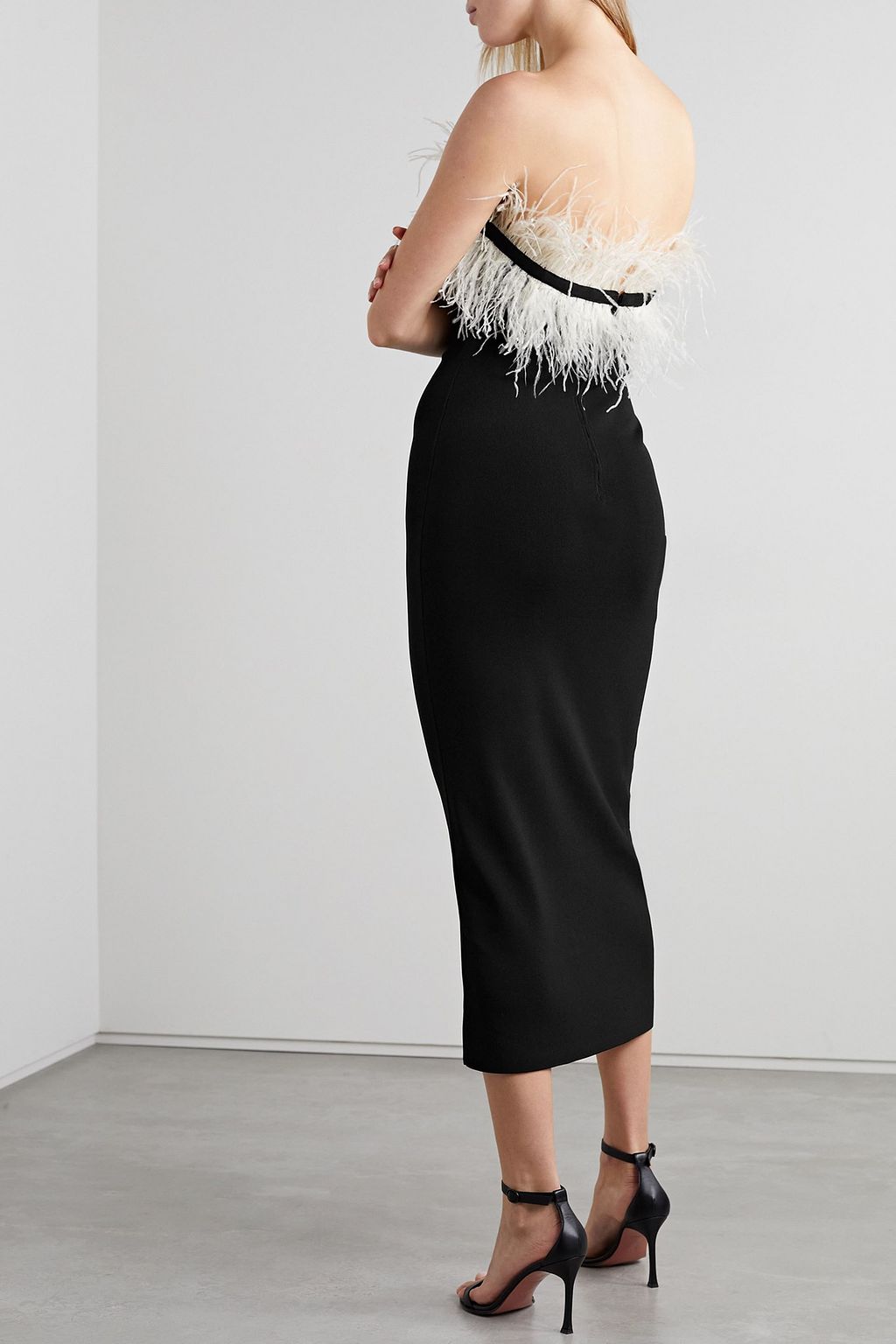 STAUD Nellie feather-trimmed strech-cady midi dress