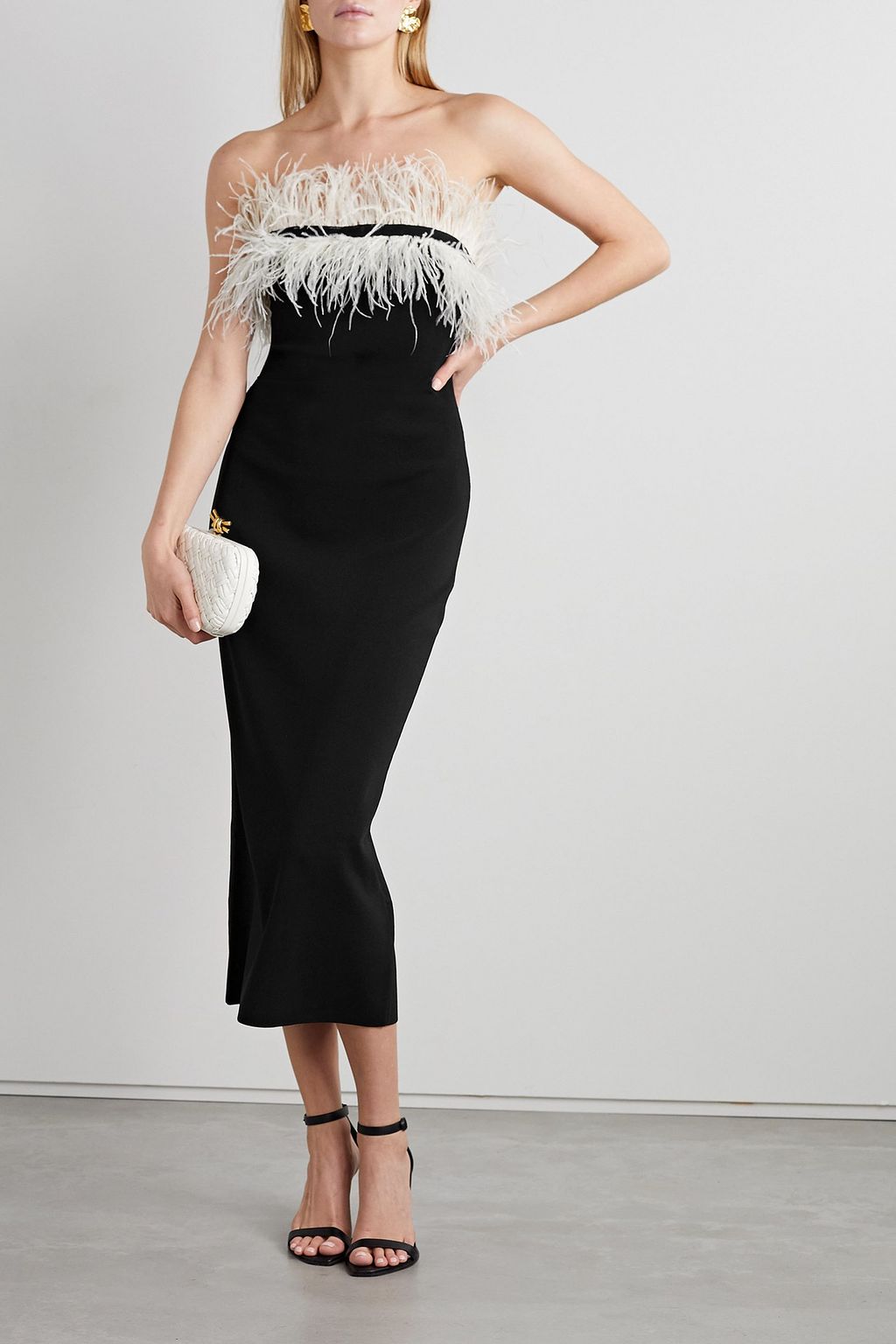 STAUD Nellie feather-trimmed strech-cady midi dress