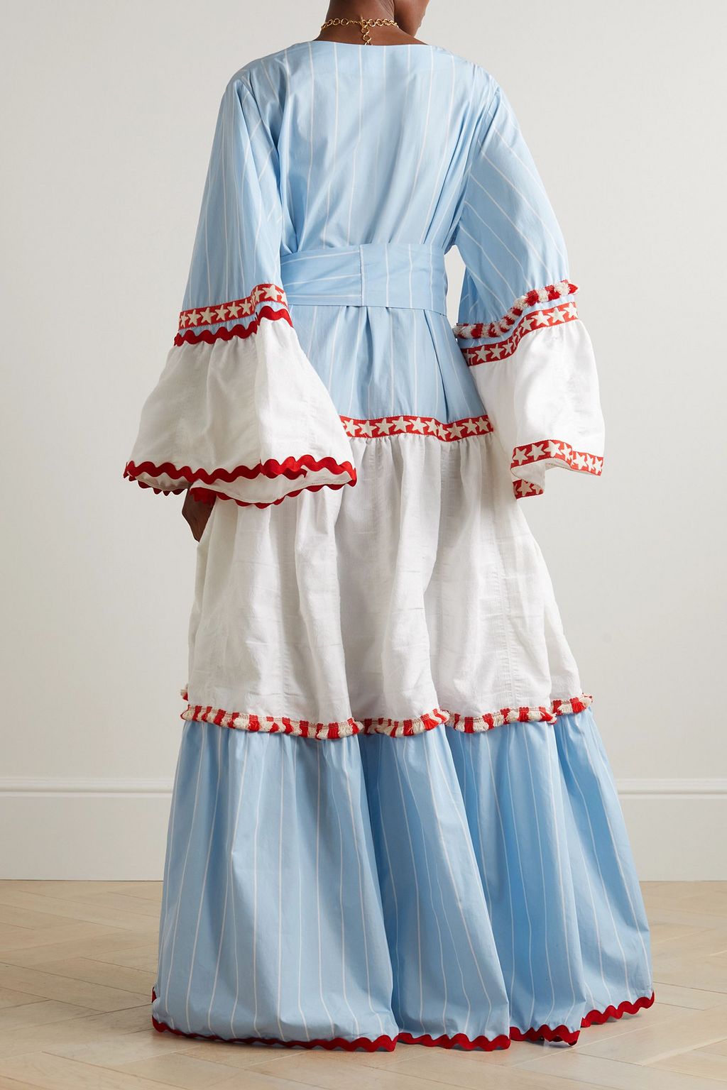 FLORA SARDALOS Kerkyra belted rick rack-trimmed tiered cotton maxi dress