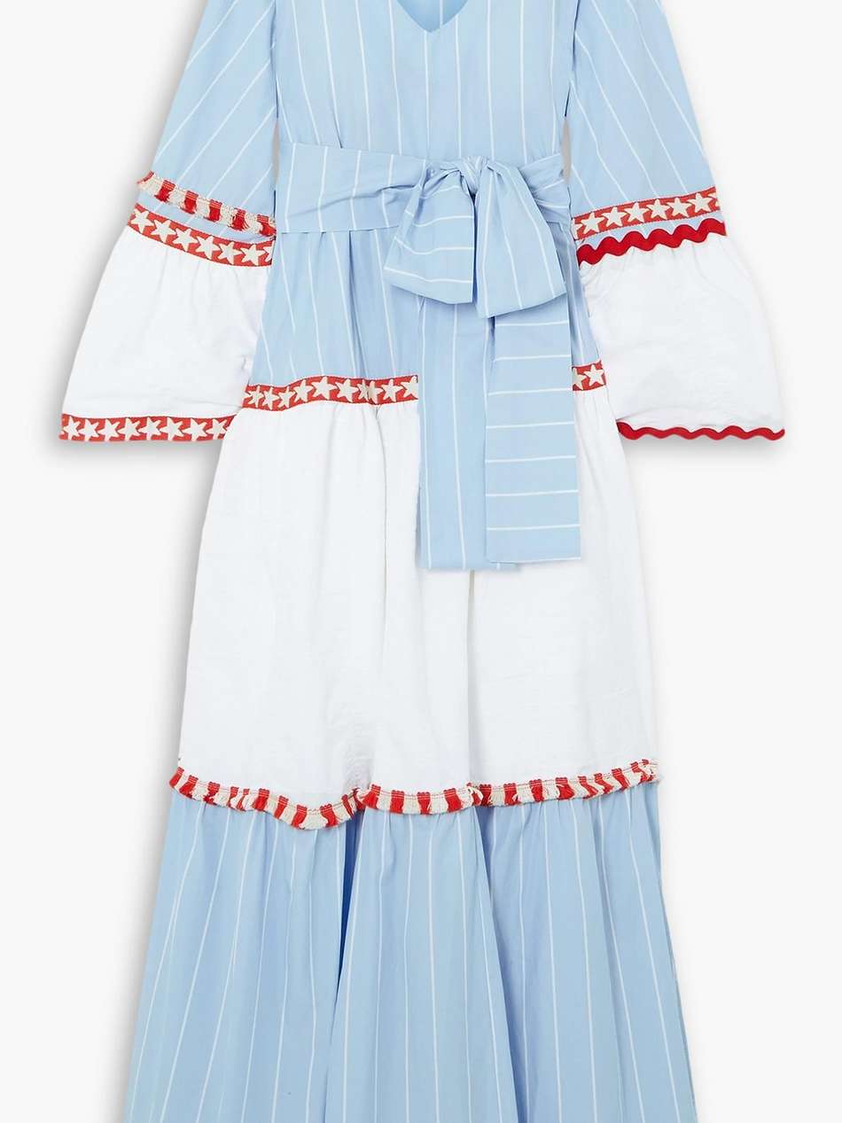 kerkyra belted rick rack-trimmed tiered cotton maxi dress