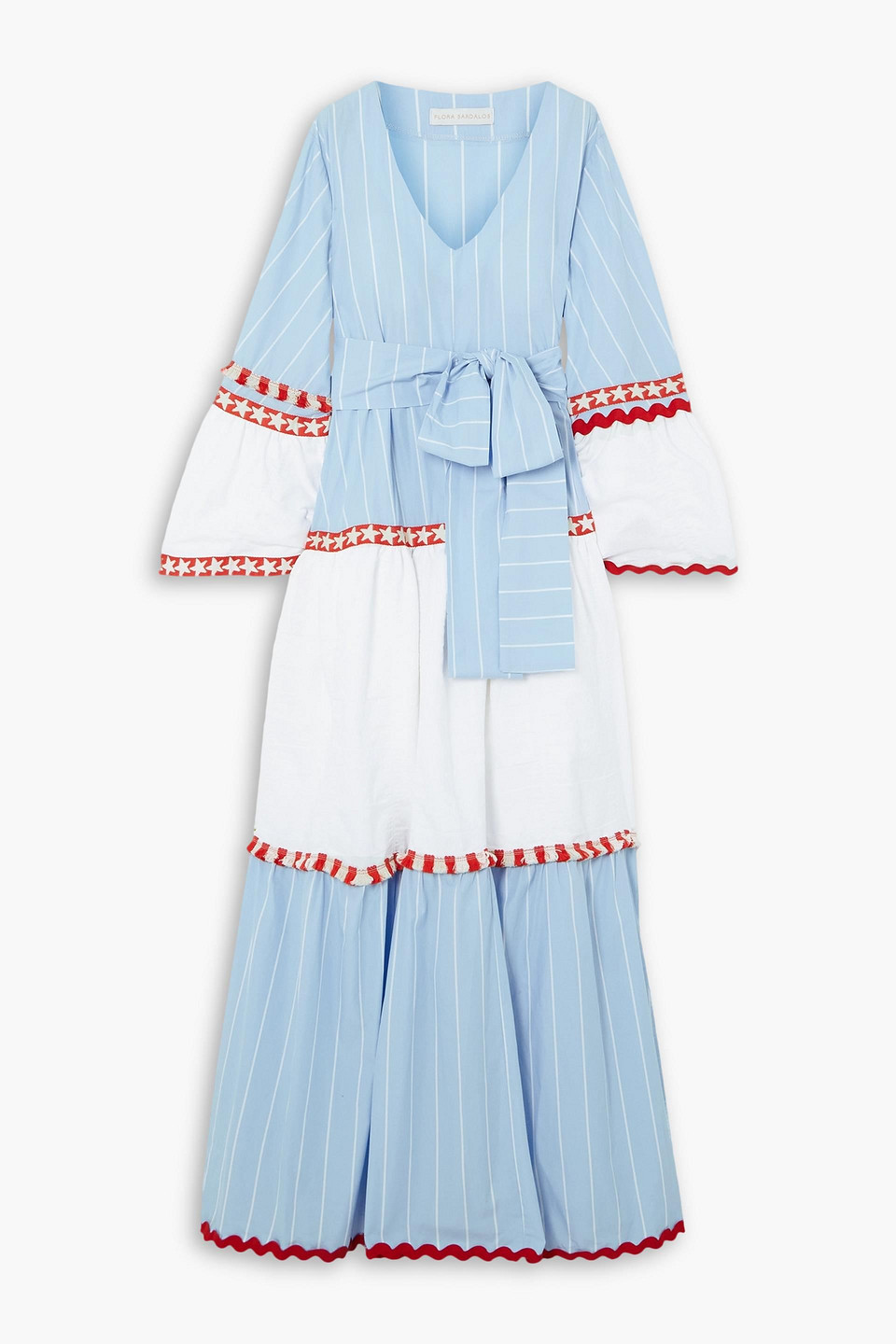 Flora Sardalos Kerkyra Belted Ric Rac-trimmed Tiered Cotton Maxi Dress In Sky Blue