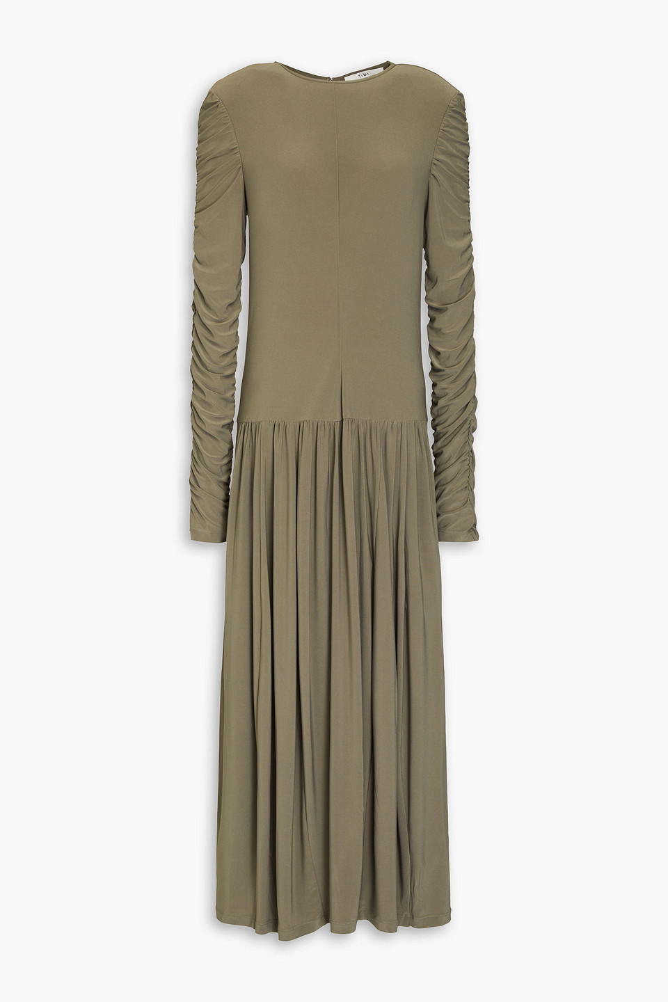 Tibi Ruched Jersey Midi Dress In Army Green