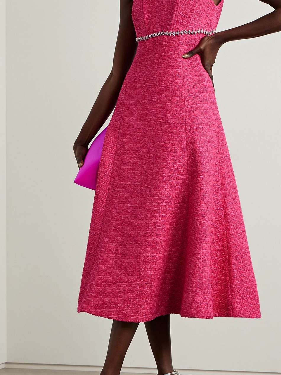 crystal-embellished bouclé-tweed midi dress