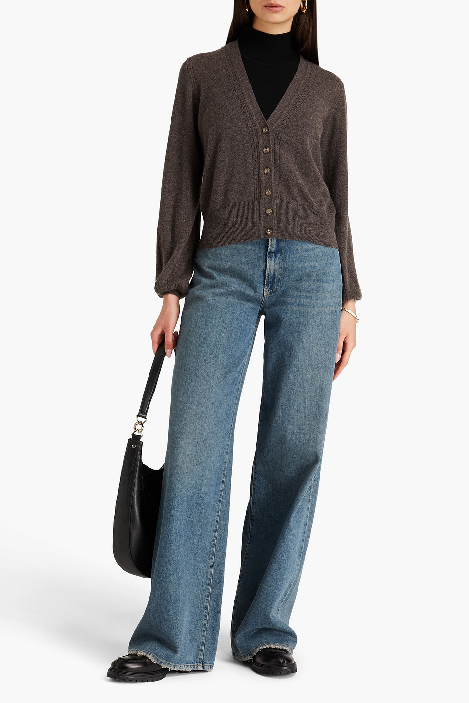 Shop Autumn Cashmere Pointelle-trimmed Cashmere Cardigan In Dark Brown